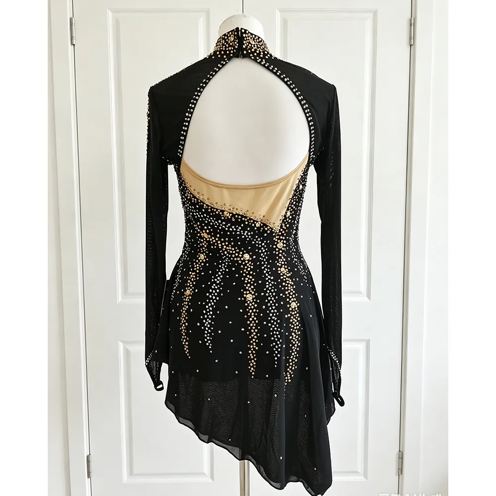 JoyCan Figure Skating Dress BD1645 | Striking Black‑Gold Crystal High‑Neck Long‑Sleeve Competition Ice Skating Costume for Girls and Women