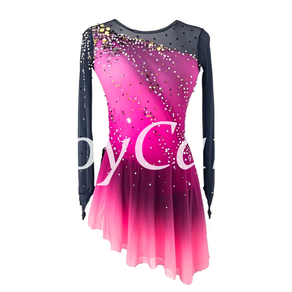 JoyCan Figure Skating Dress BD7102 | Purple‑to‑Pink Ombre Asymmetrical Rhinestone Competition Ice Skating Costume for Girls and Women