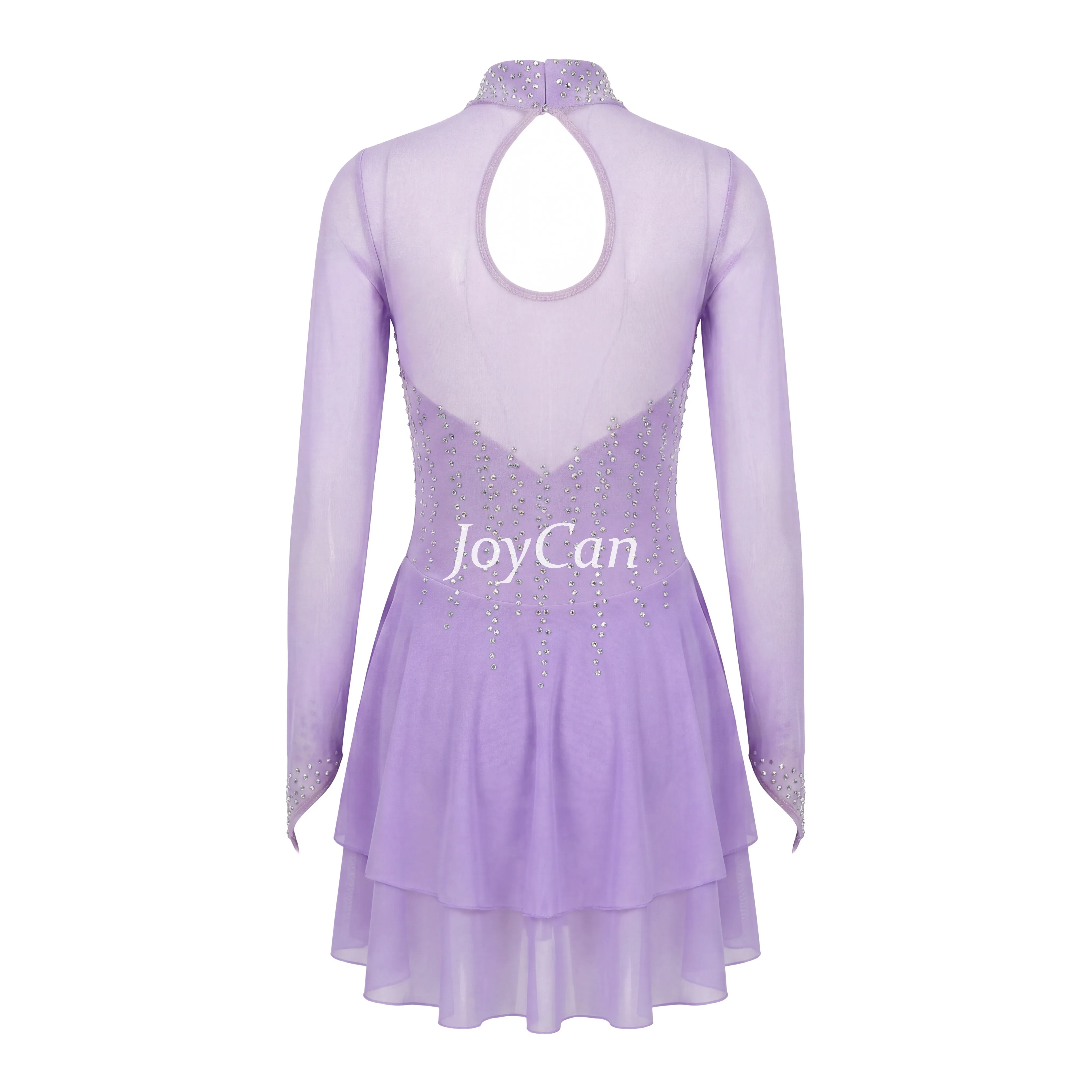 JoyCan Figure Skating Dress JC916 | Pink‑Magenta Gradient Long‑Sleeve Draped V‑Neck Rhinestone Competition Ice Skating Costume for Girls and Women