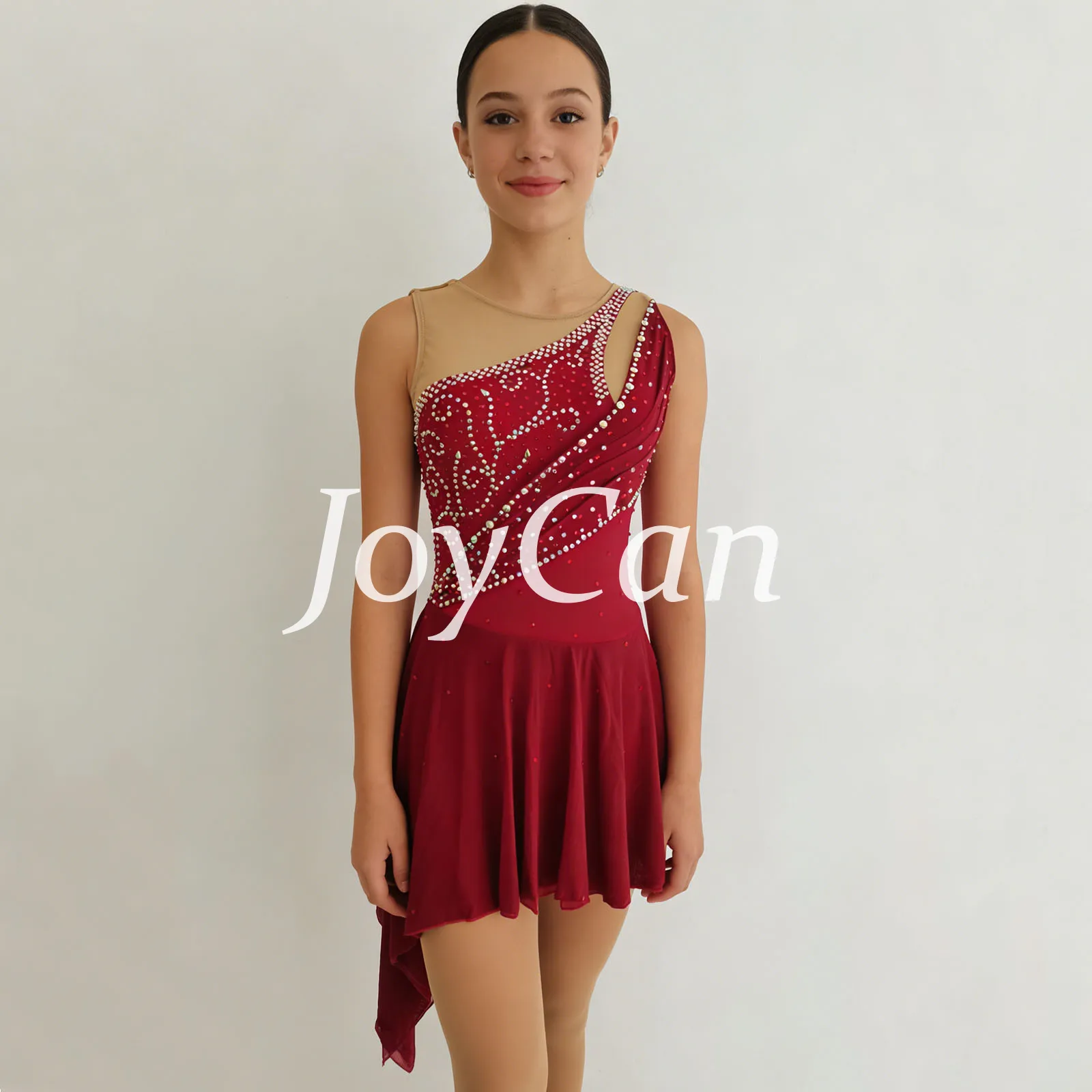 JoyCan Figure Skating Dress JC747 | Burgundy Asymmetrical Draped Sleeveless Scroll‑Rhinestone Competition Ice Skating Costume for Girls and Women