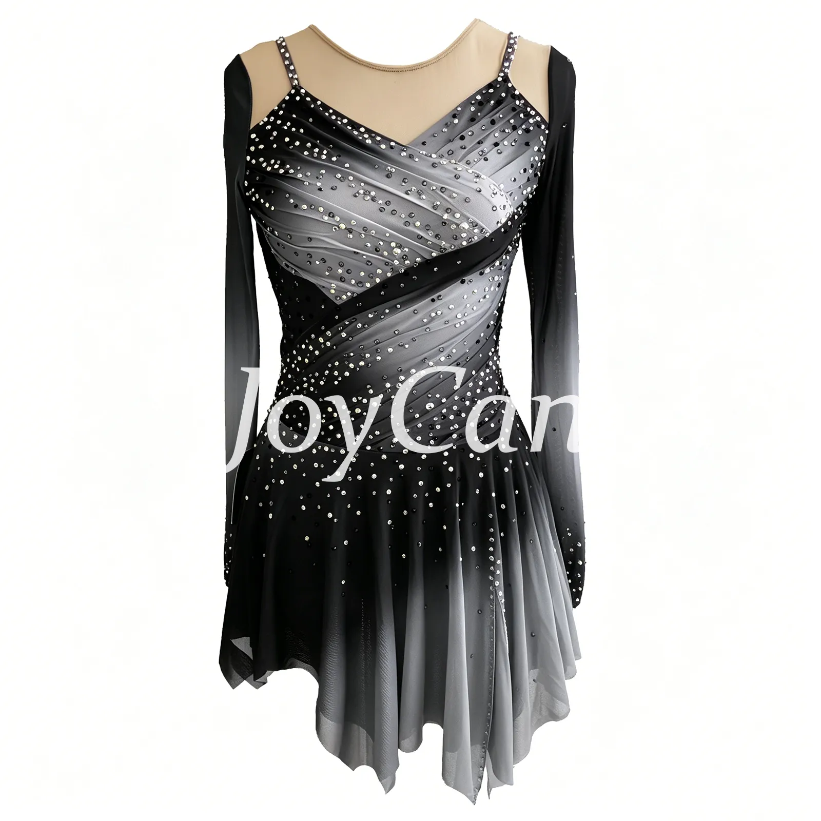 JoyCan Figure Skating Dress JC916 | Pink‑Magenta Gradient Long‑Sleeve Draped V‑Neck Rhinestone Competition Ice Skating Costume for Girls and Women