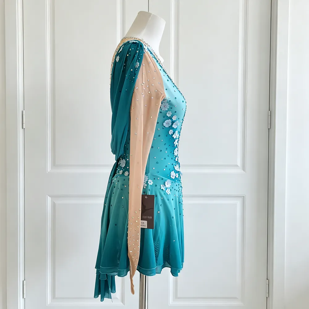 JoyCan Figure Skating Dress BD7053 | Teal‑Gradient 3D‑Floral Illusion‑Neck Long‑Sleeve Competition Ice Skating Costume for Girls and Women
