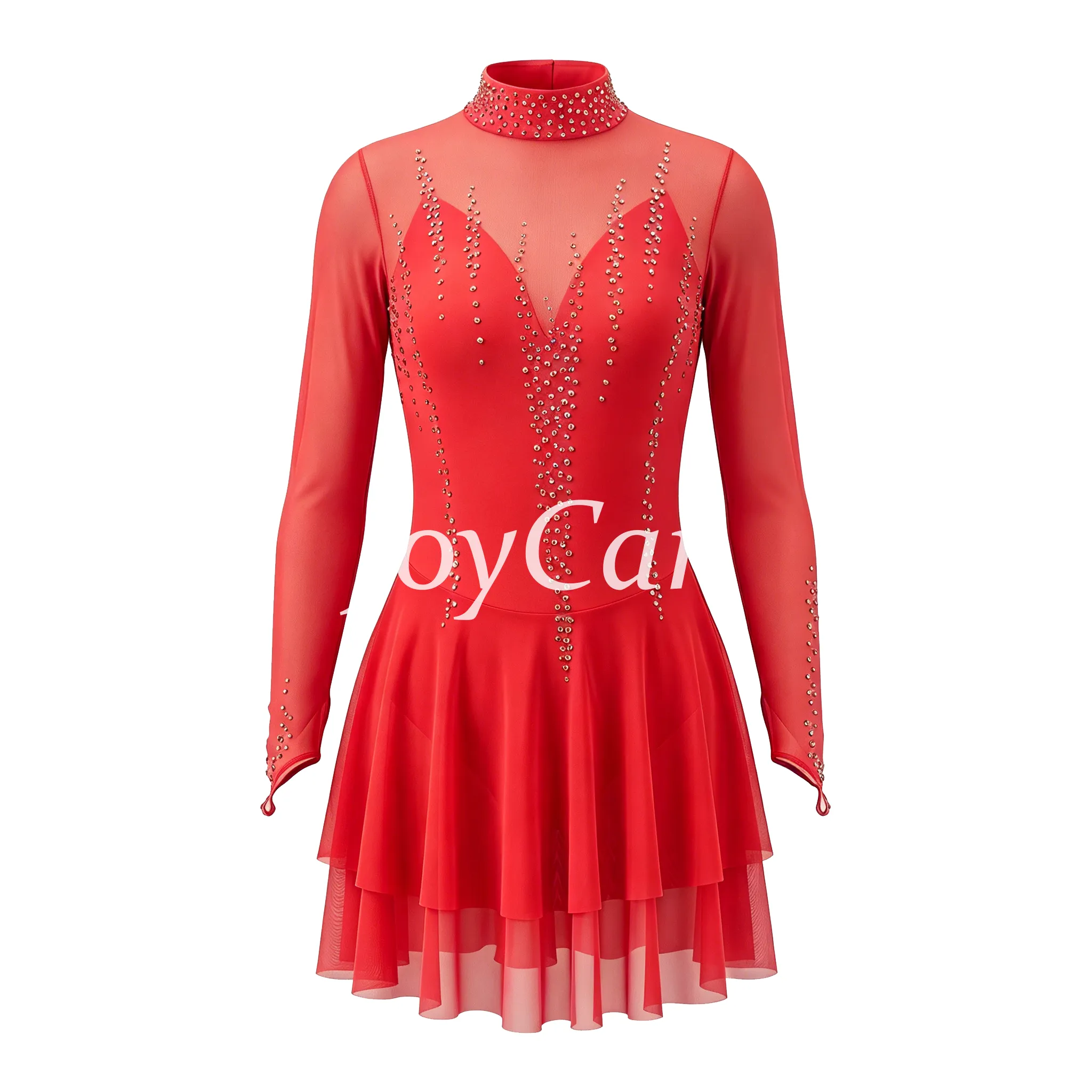 JoyCan Figure Skating Dress JC916 | Pink‑Magenta Gradient Long‑Sleeve Draped V‑Neck Rhinestone Competition Ice Skating Costume for Girls and Women