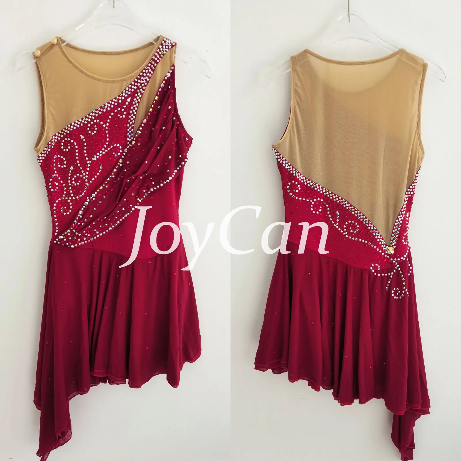 JoyCan Figure Skating Dress JC747 | Burgundy Asymmetrical Draped Sleeveless Scroll‑Rhinestone Competition Ice Skating Costume for Girls and Women
