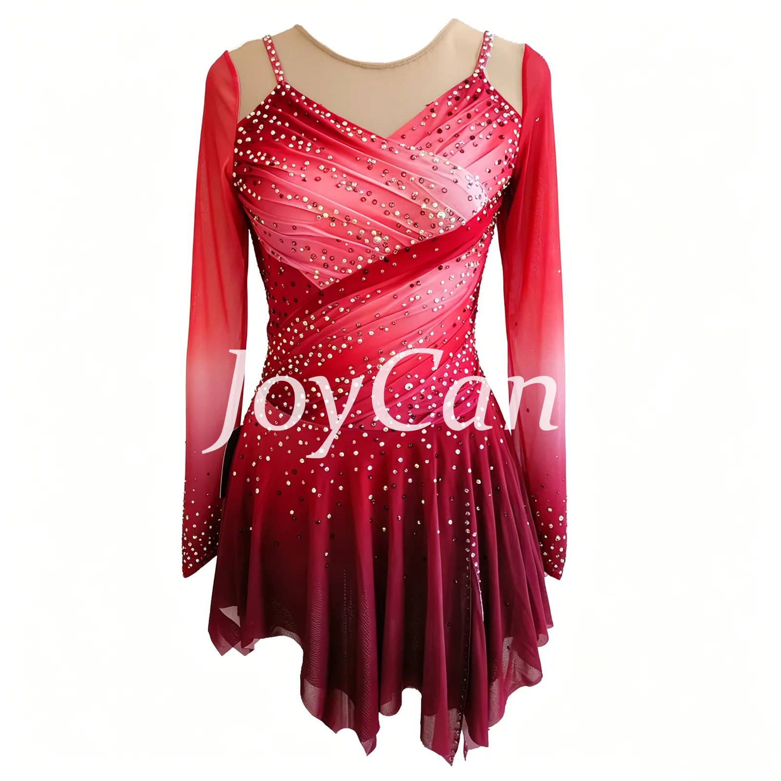 JoyCan Figure Skating Dress JC916 | Pink‑Magenta Gradient Long‑Sleeve Draped V‑Neck Rhinestone Competition Ice Skating Costume for Girls and Women