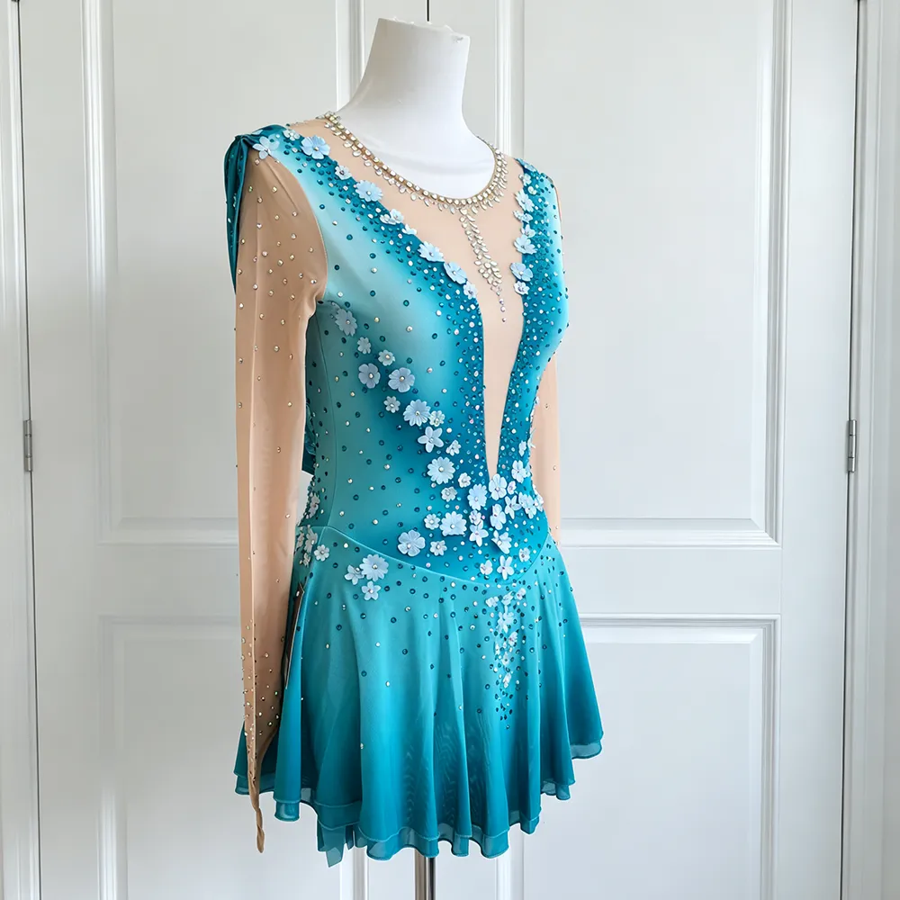 JoyCan Figure Skating Dress BD7053 | Teal‑Gradient 3D‑Floral Illusion‑Neck Long‑Sleeve Competition Ice Skating Costume for Girls and Women