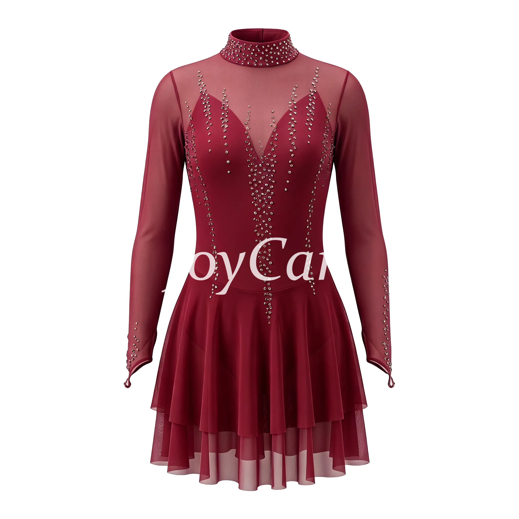 JoyCan Figure Skating Dress JC916 | Pink‑Magenta Gradient Long‑Sleeve Draped V‑Neck Rhinestone Competition Ice Skating Costume for Girls and Women