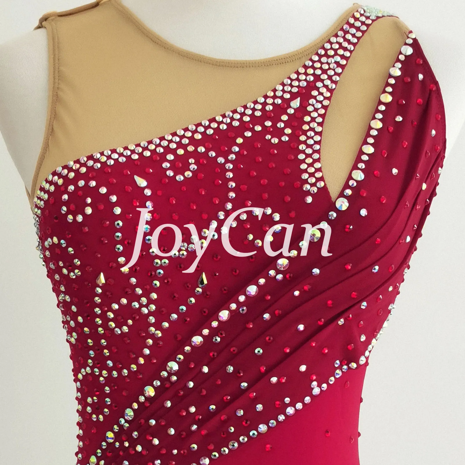 JoyCan Figure Skating Dress JC747 | Burgundy Asymmetrical Draped Sleeveless Scroll‑Rhinestone Competition Ice Skating Costume for Girls and Women