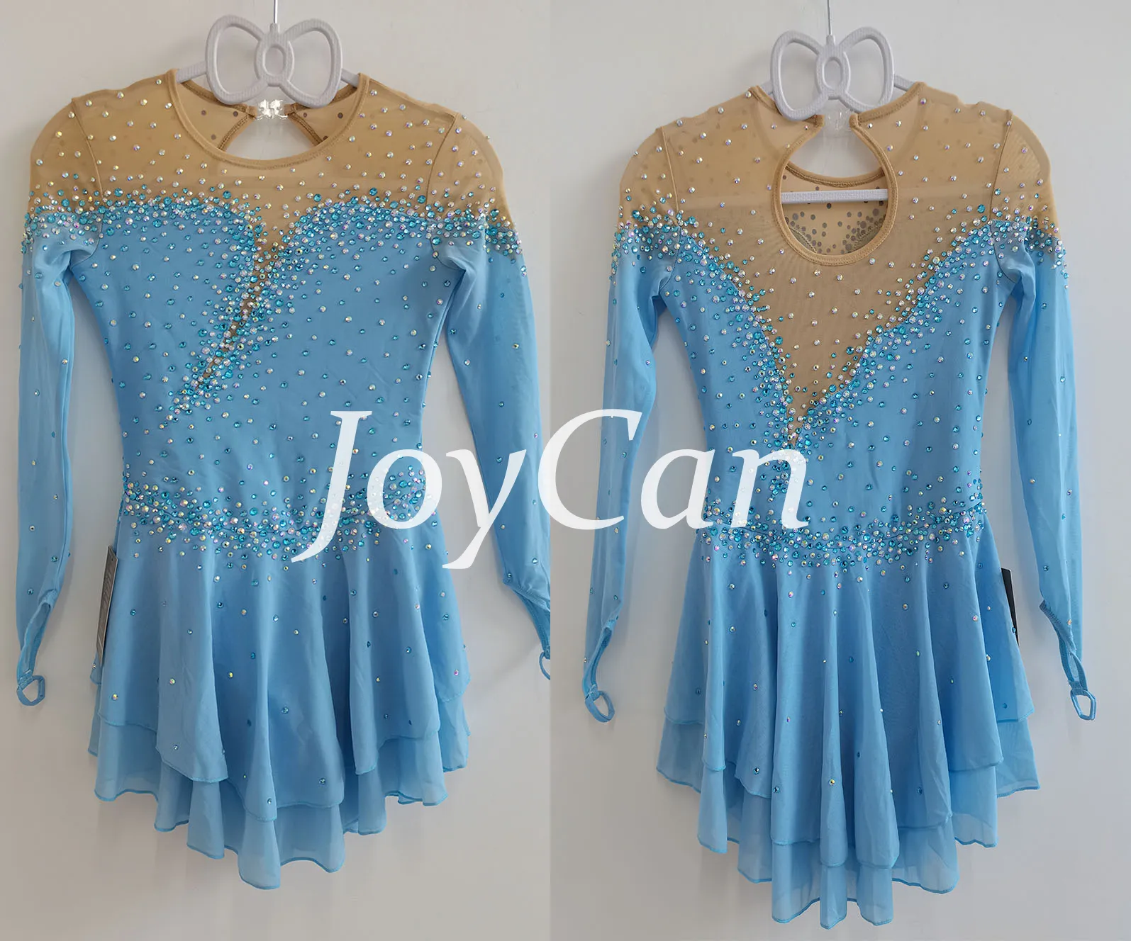 JoyCan Figure Skating Dress JSK241 | Light Blue Long‑Sleeve Sheer Mesh Neck Diagonal Rhinestone Competition Ice Skating Costume for Girls and Women