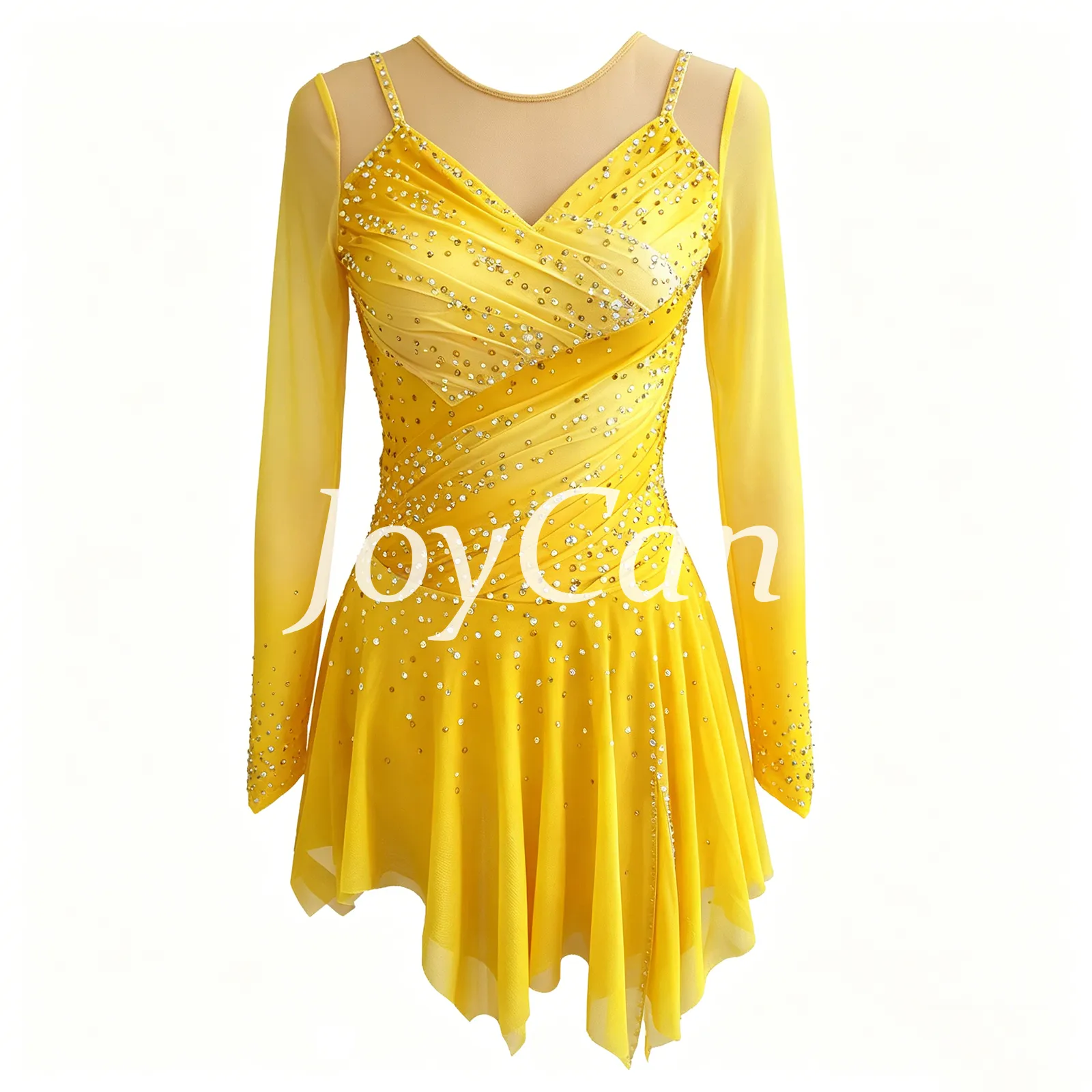 JoyCan Figure Skating Dress JC916 | Pink‑Magenta Gradient Long‑Sleeve Draped V‑Neck Rhinestone Competition Ice Skating Costume for Girls and Women