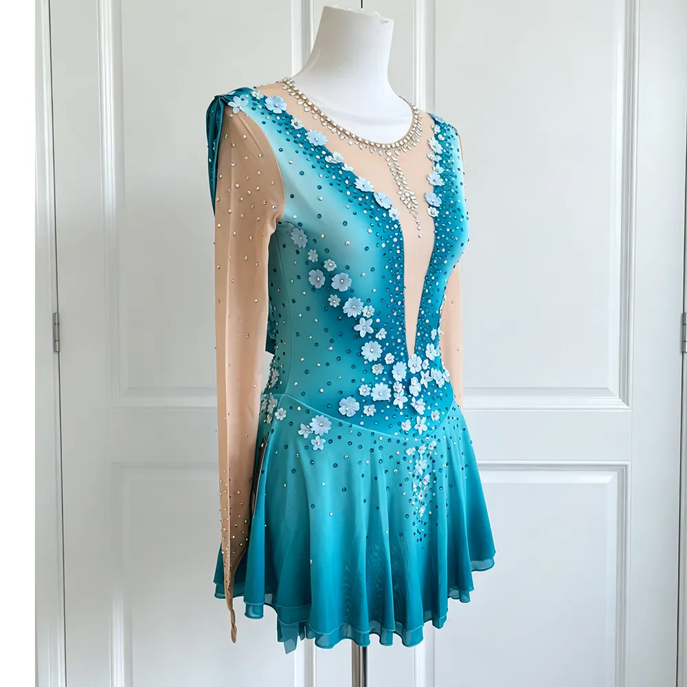 JoyCan Figure Skating Dress BD7053 | Teal‑Gradient 3D‑Floral Illusion‑Neck Long‑Sleeve Competition Ice Skating Costume for Girls and Women