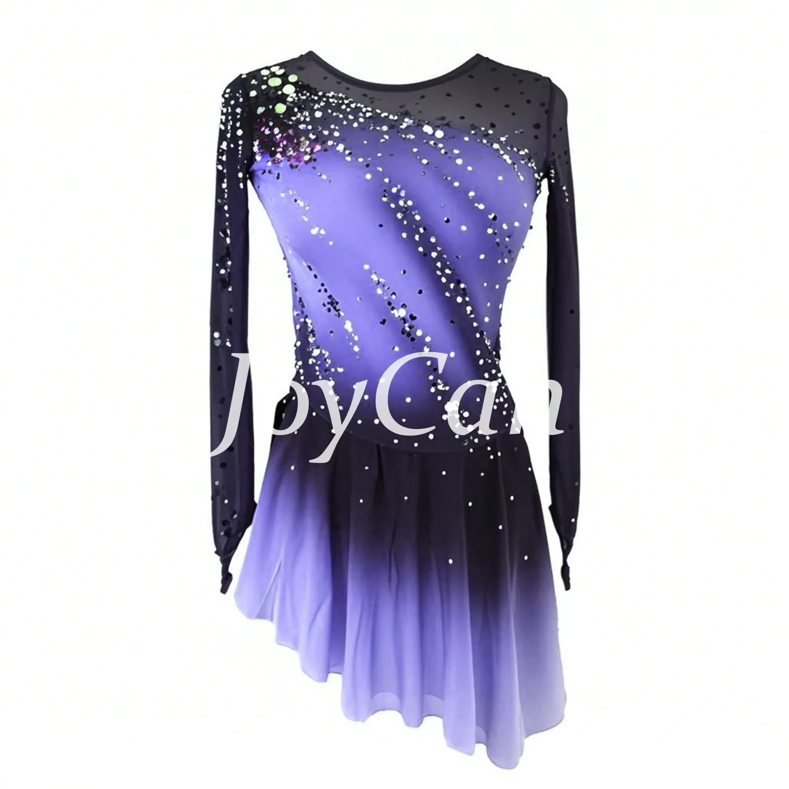 JoyCan Figure Skating Dress BD7102 | Purple‑to‑Pink Ombre Asymmetrical Rhinestone Competition Ice Skating Costume for Girls and Women