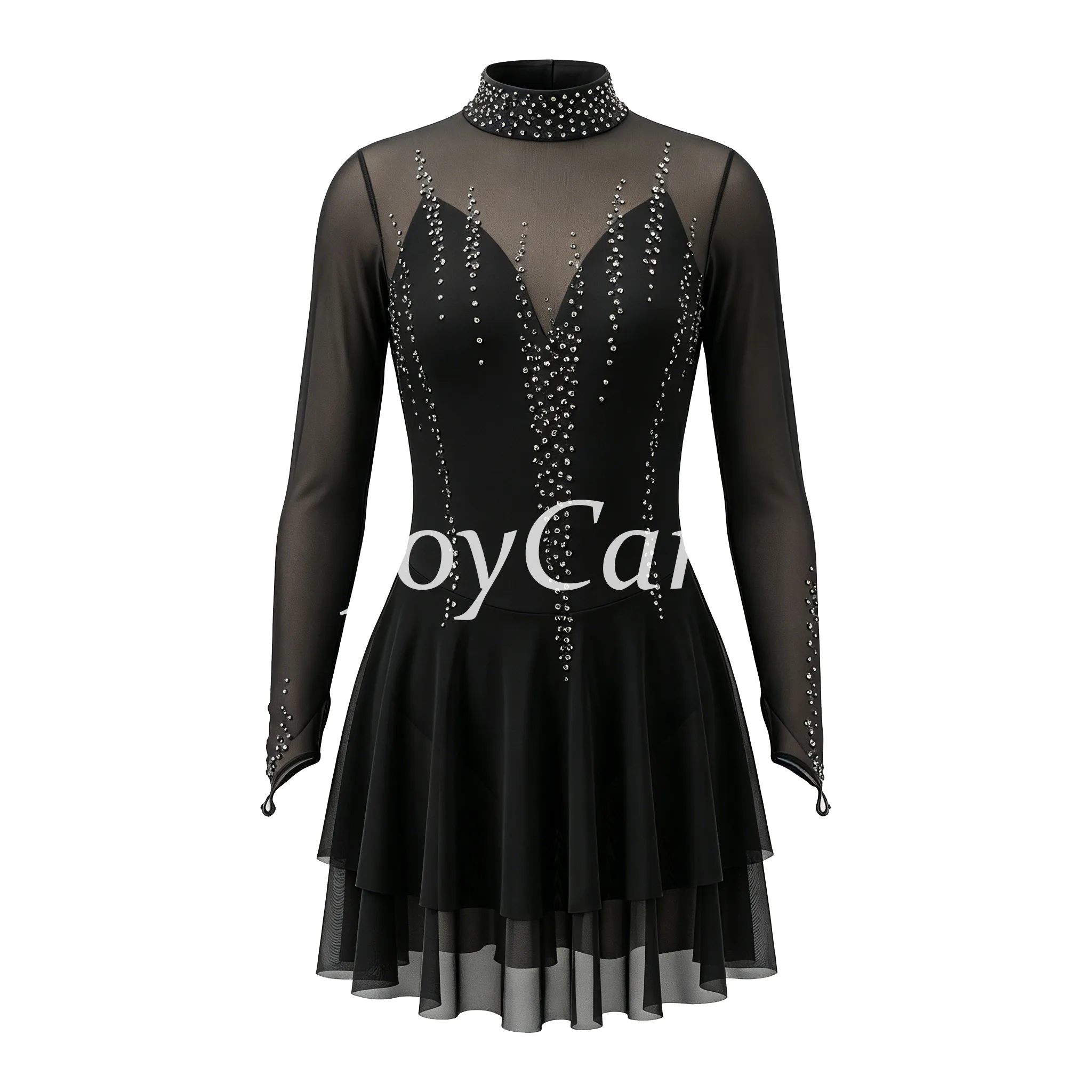 JoyCan Figure Skating Dress JC916 | Pink‑Magenta Gradient Long‑Sleeve Draped V‑Neck Rhinestone Competition Ice Skating Costume for Girls and Women