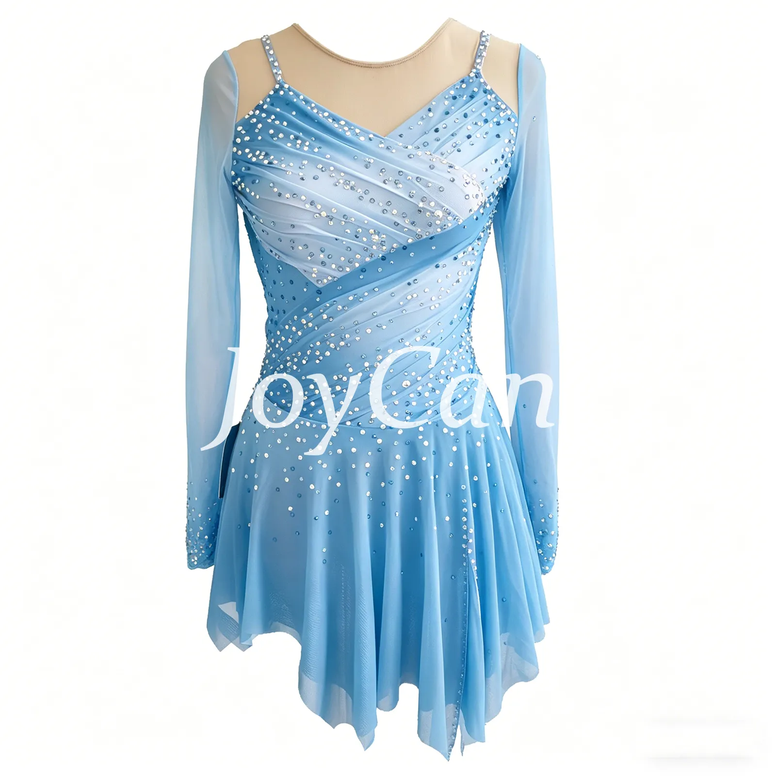 JoyCan Figure Skating Dress JC916 | Pink‑Magenta Gradient Long‑Sleeve Draped V‑Neck Rhinestone Competition Ice Skating Costume for Girls and Women
