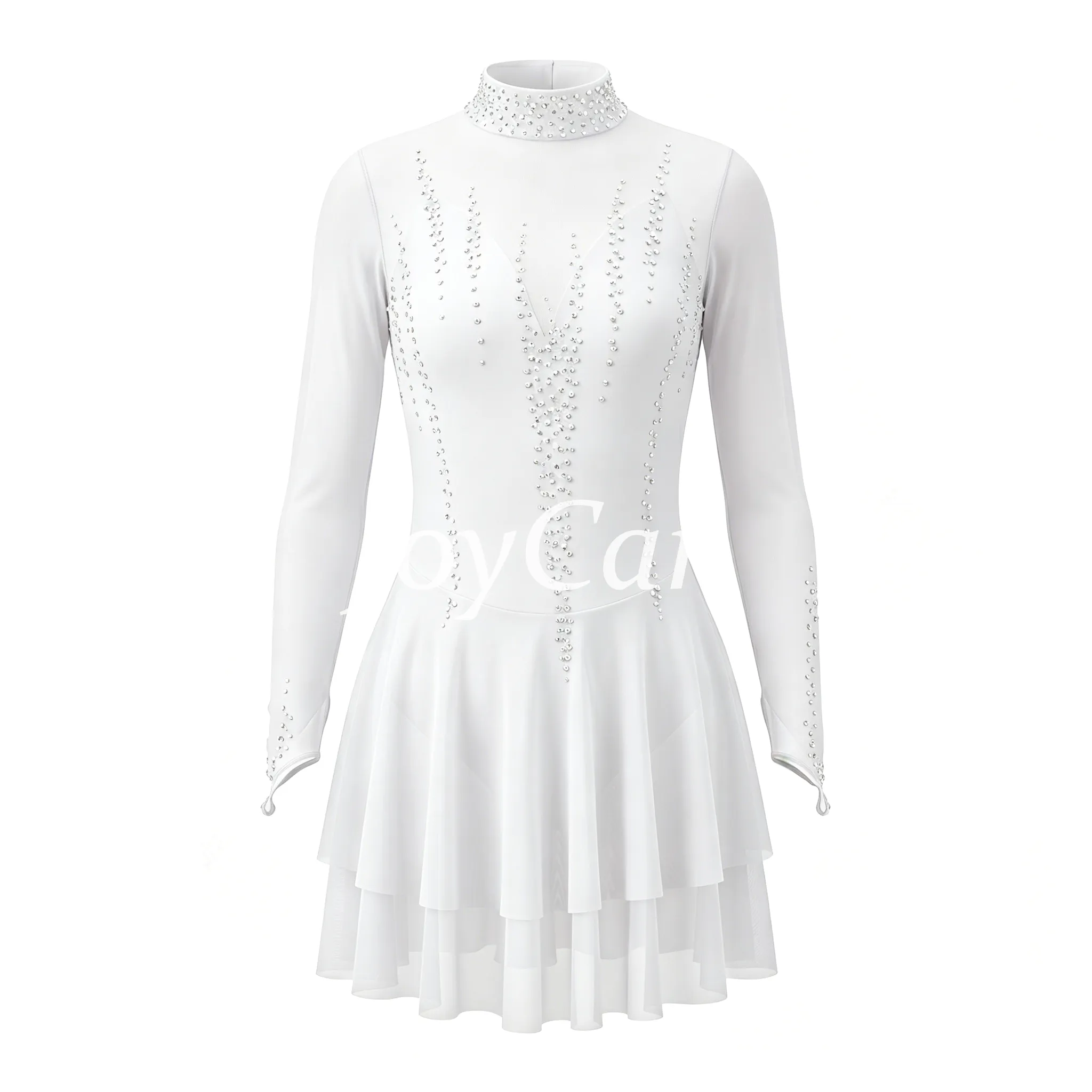 JoyCan Figure Skating Dress JC916 | Pink‑Magenta Gradient Long‑Sleeve Draped V‑Neck Rhinestone Competition Ice Skating Costume for Girls and Women