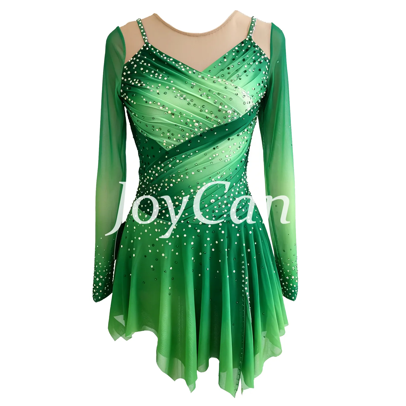 JoyCan Figure Skating Dress JC916 | Pink‑Magenta Gradient Long‑Sleeve Draped V‑Neck Rhinestone Competition Ice Skating Costume for Girls and Women