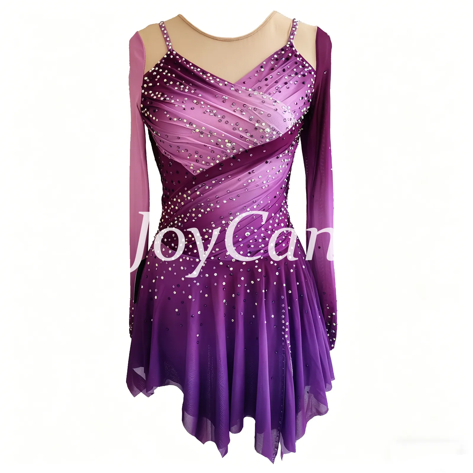 JoyCan Figure Skating Dress JC916 | Pink‑Magenta Gradient Long‑Sleeve Draped V‑Neck Rhinestone Competition Ice Skating Costume for Girls and Women