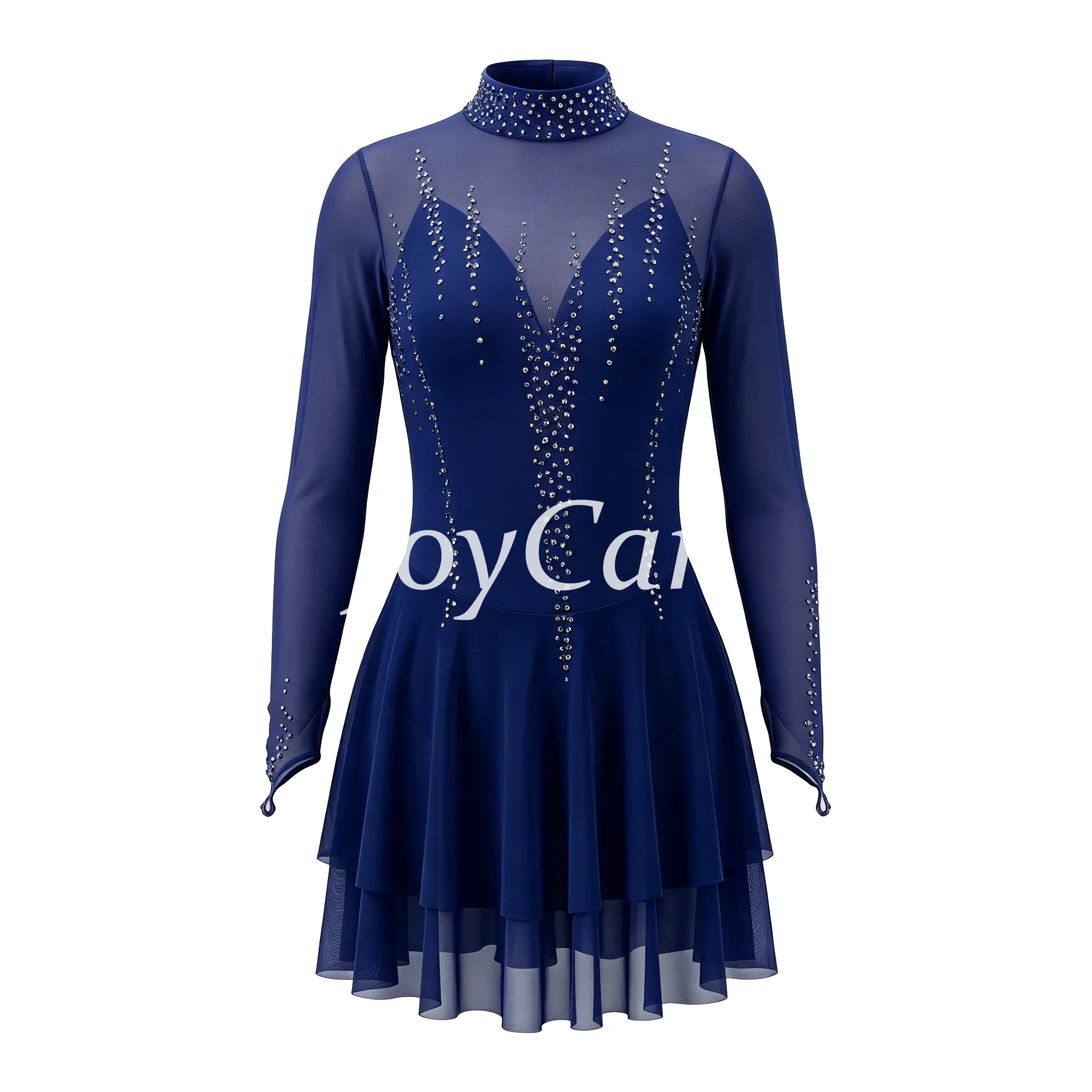 JoyCan Figure Skating Dress JC916 | Pink‑Magenta Gradient Long‑Sleeve Draped V‑Neck Rhinestone Competition Ice Skating Costume for Girls and Women