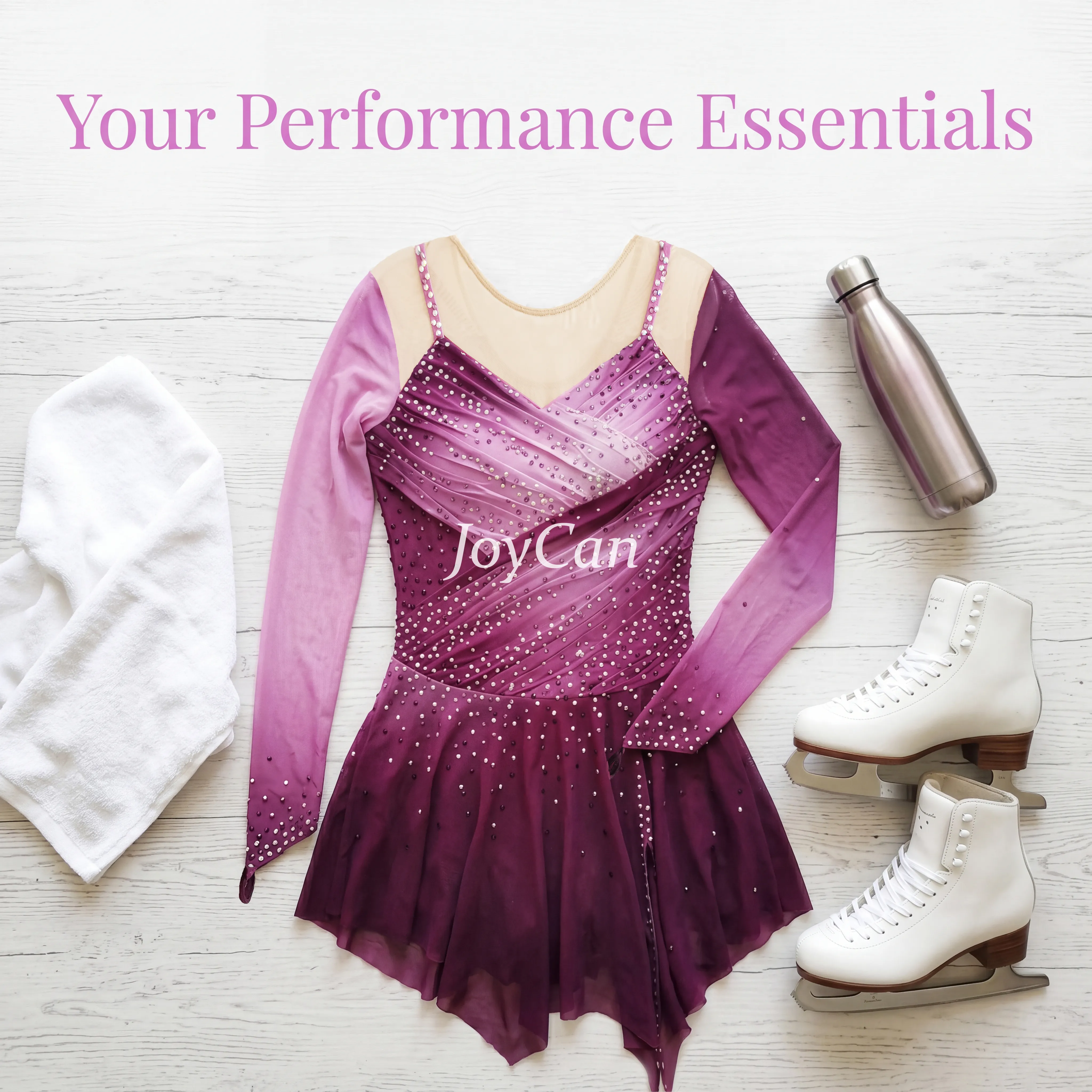 JoyCan Figure Skating Dress JC916 | Pink‑Magenta Gradient Long‑Sleeve Draped V‑Neck Rhinestone Competition Ice Skating Costume for Girls and Women