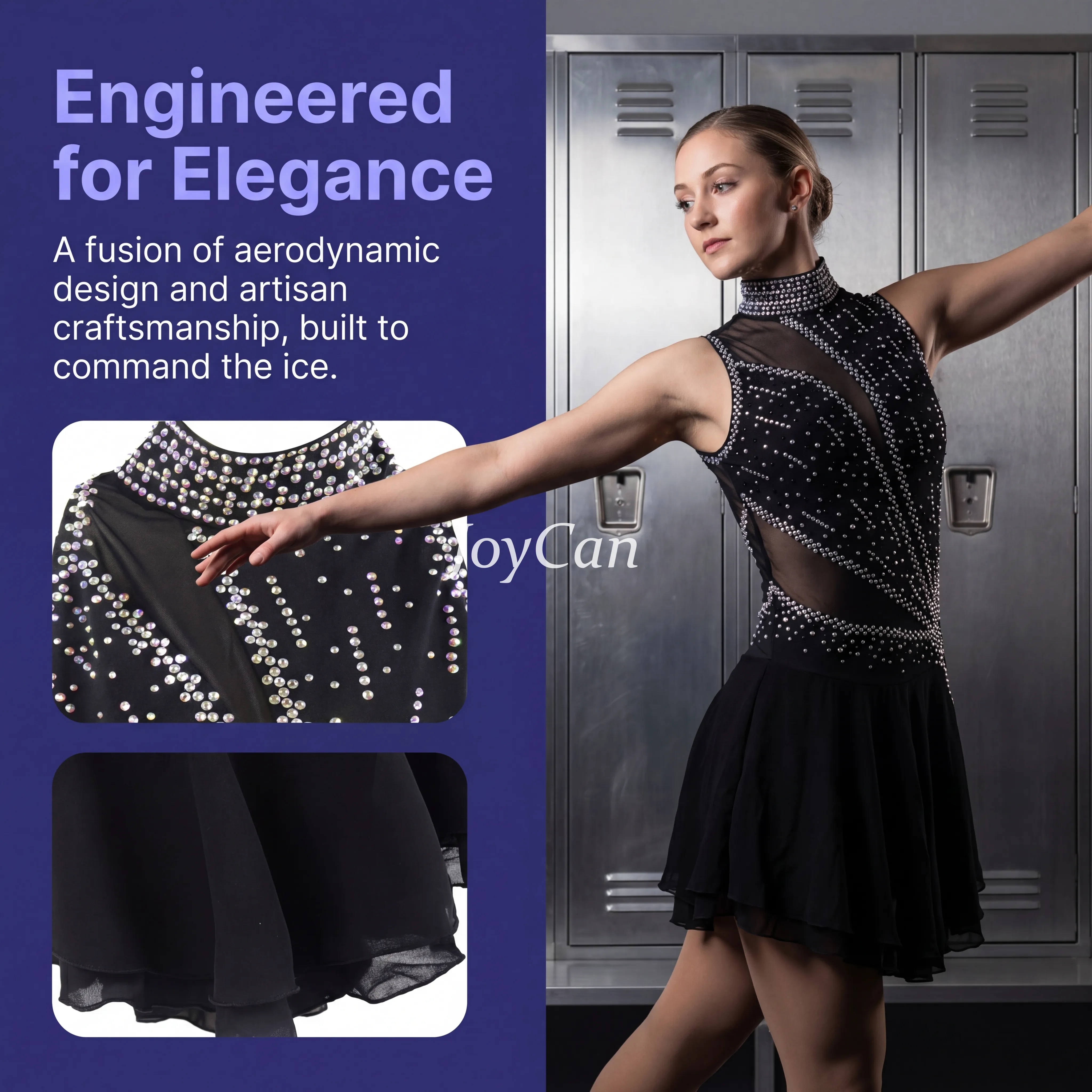 JoyCan Figure Skating Dress JSK132 | Navy High‑Neck Sleeveless Geometric Rhinestone Competition Ice Skating Costume for Girls and Women