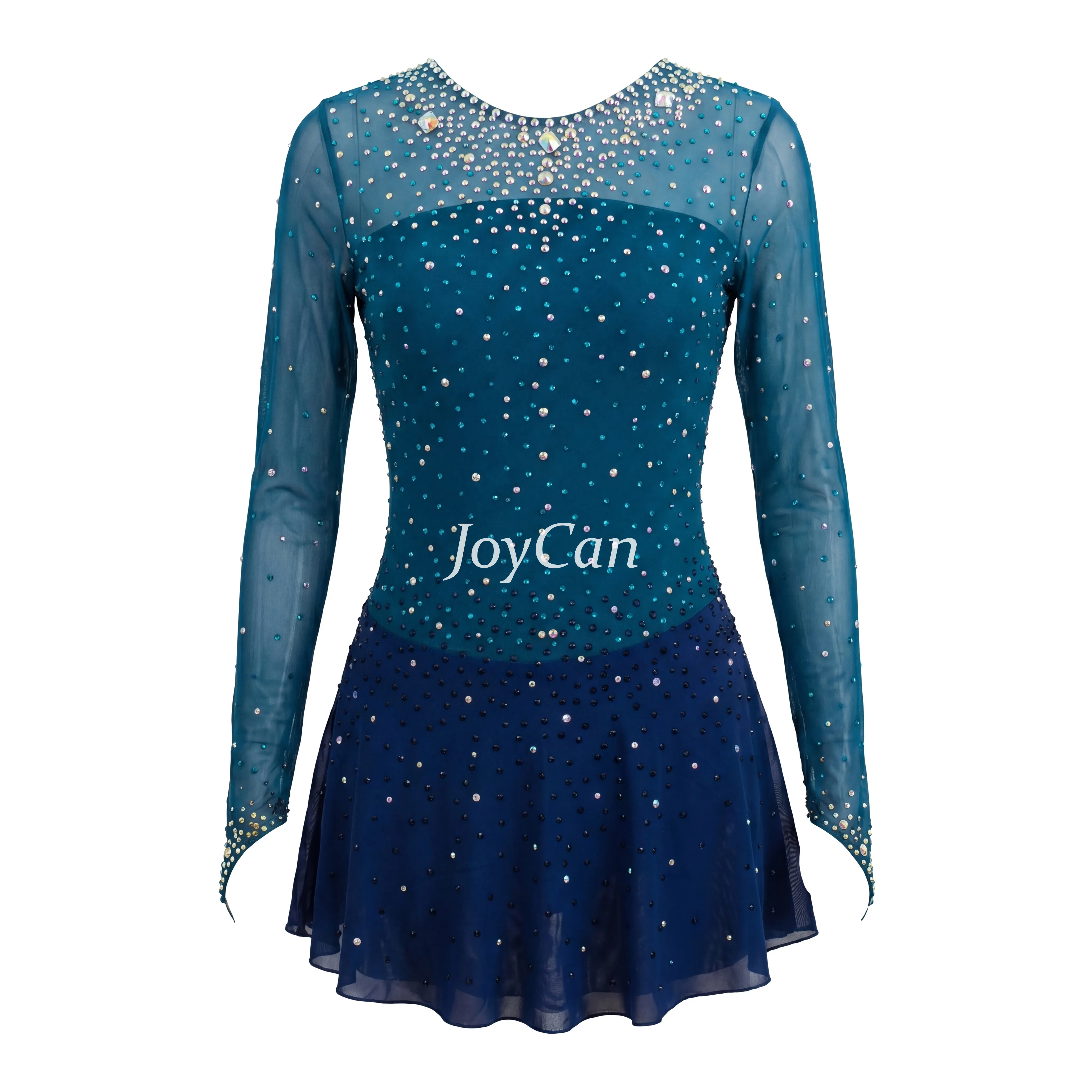 JoyCan Figure Skating Dress JC479 | Teal‑to‑Navy Ombre Full‑Rhinestone Long‑Sleeve Competition Ice Skating Costume for Girls and Women