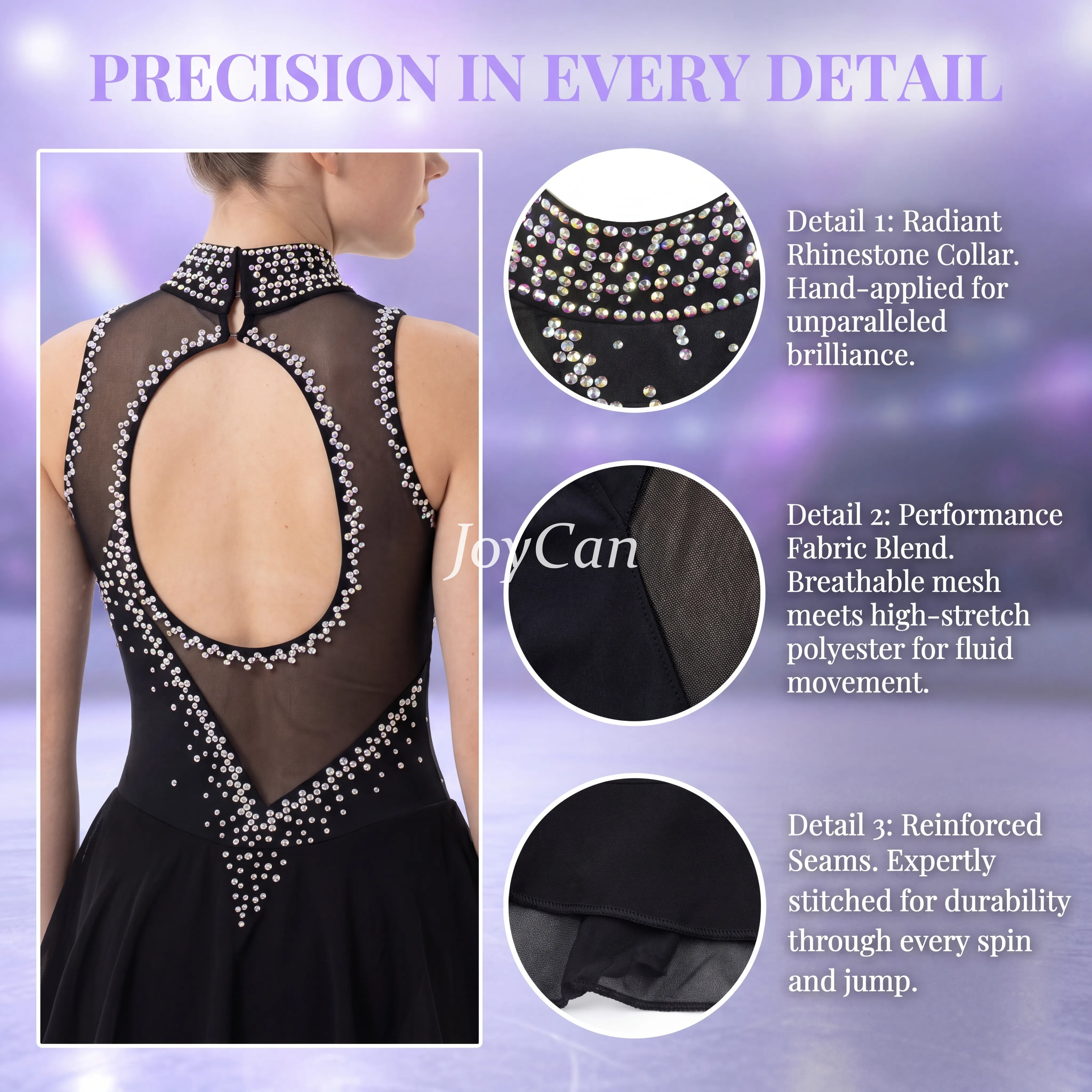 JoyCan Figure Skating Dress JSK132 | Navy High‑Neck Sleeveless Geometric Rhinestone Competition Ice Skating Costume for Girls and Women