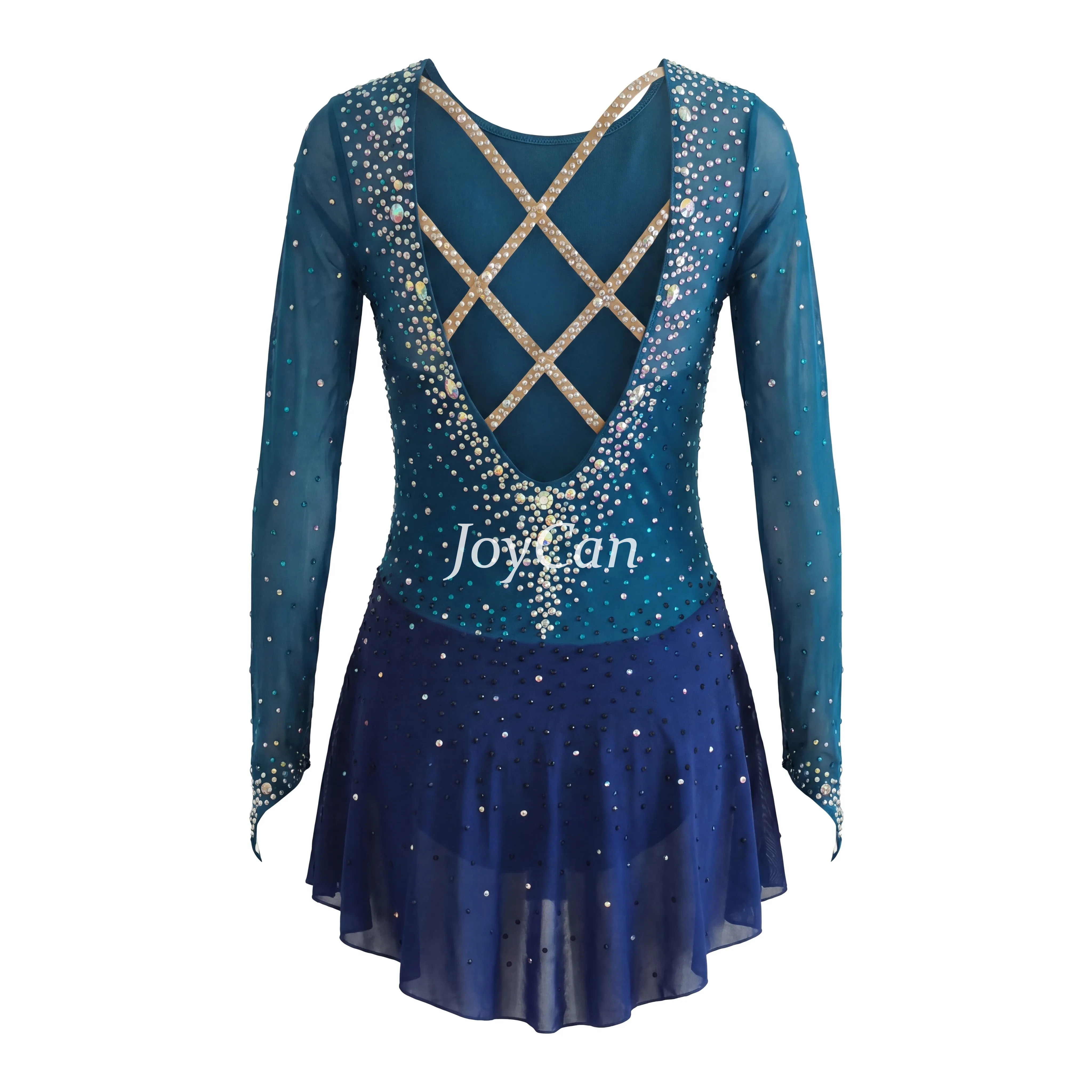 JoyCan Figure Skating Dress JC479 | Teal‑to‑Navy Ombre Full‑Rhinestone Long‑Sleeve Competition Ice Skating Costume for Girls and Women
