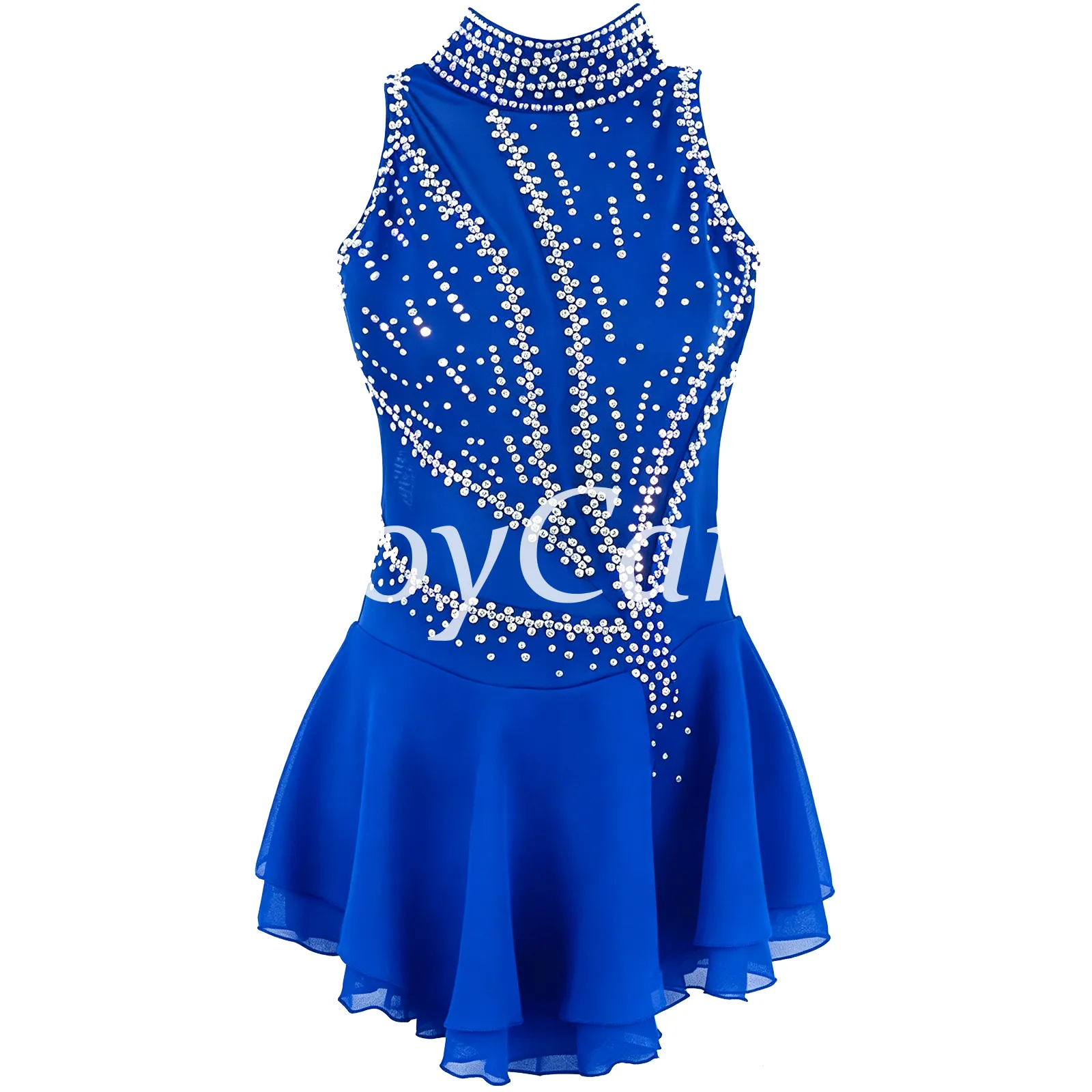 JoyCan Figure Skating Dress JSK132 | Navy High‑Neck Sleeveless Geometric Rhinestone Competition Ice Skating Costume for Girls and Women