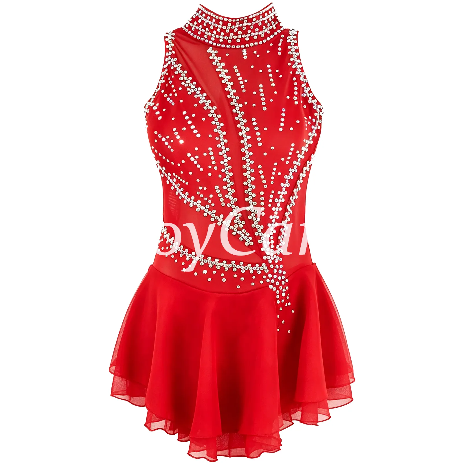 JoyCan Figure Skating Dress JSK132 | Navy High‑Neck Sleeveless Geometric Rhinestone Competition Ice Skating Costume for Girls and Women