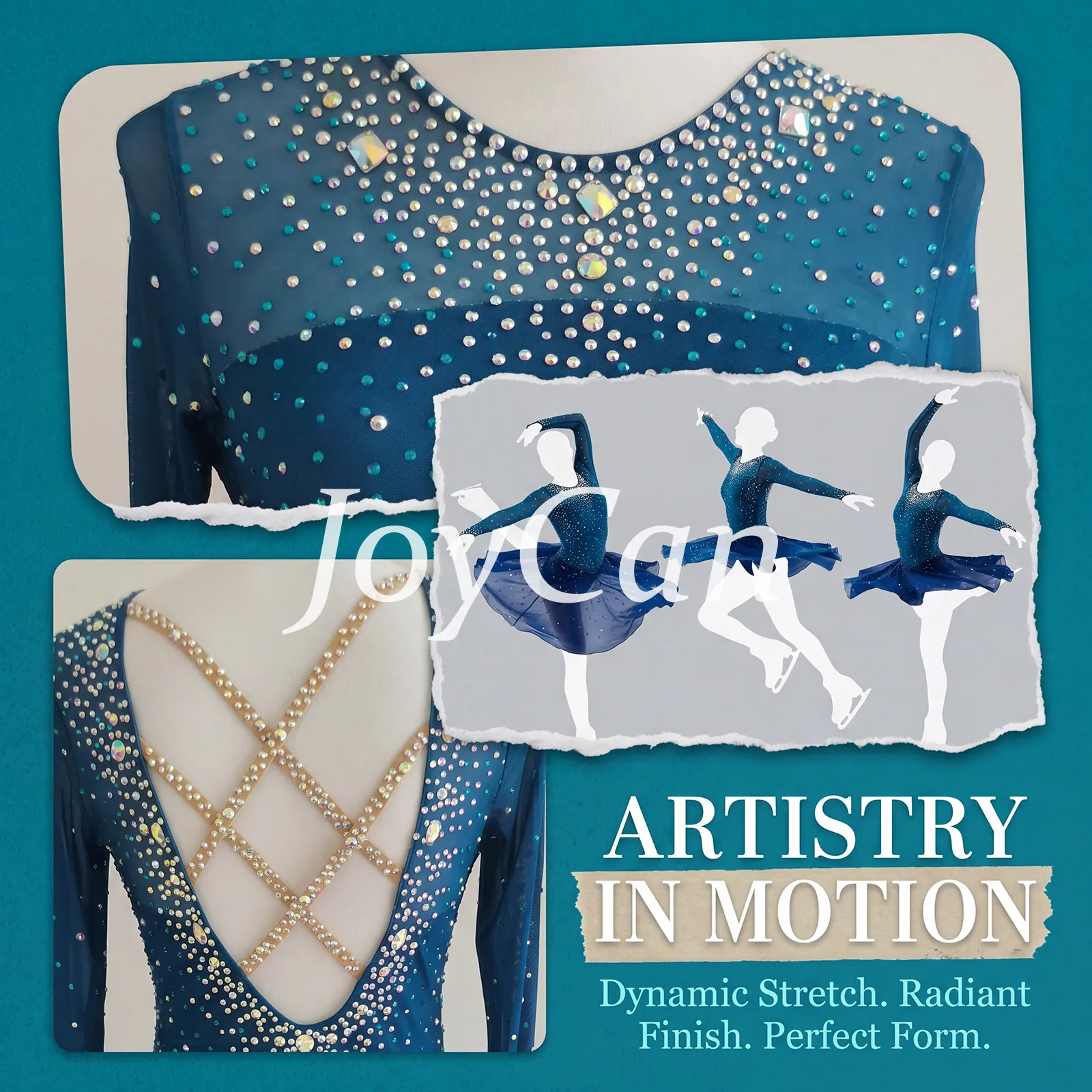 JoyCan Figure Skating Dress JC479 | Teal‑to‑Navy Ombre Full‑Rhinestone Long‑Sleeve Competition Ice Skating Costume for Girls and Women