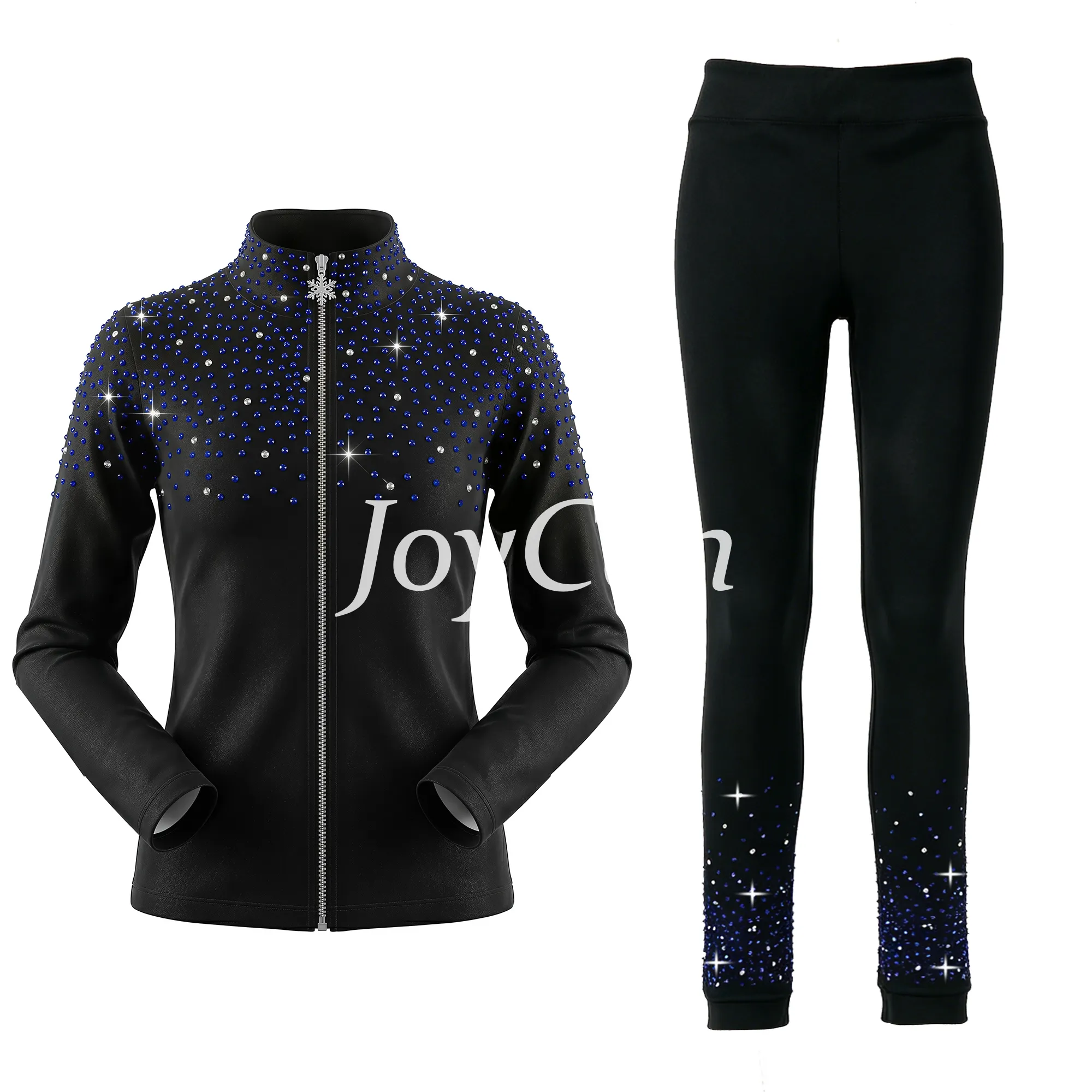 JoyCan Figure Skating Warm‑Up Set JB239 | Black Full‑Zip Stand‑Collar Blue‑Silver Gradient Rhinestone Jacket & Leggings Training Outfit for Girls and Women