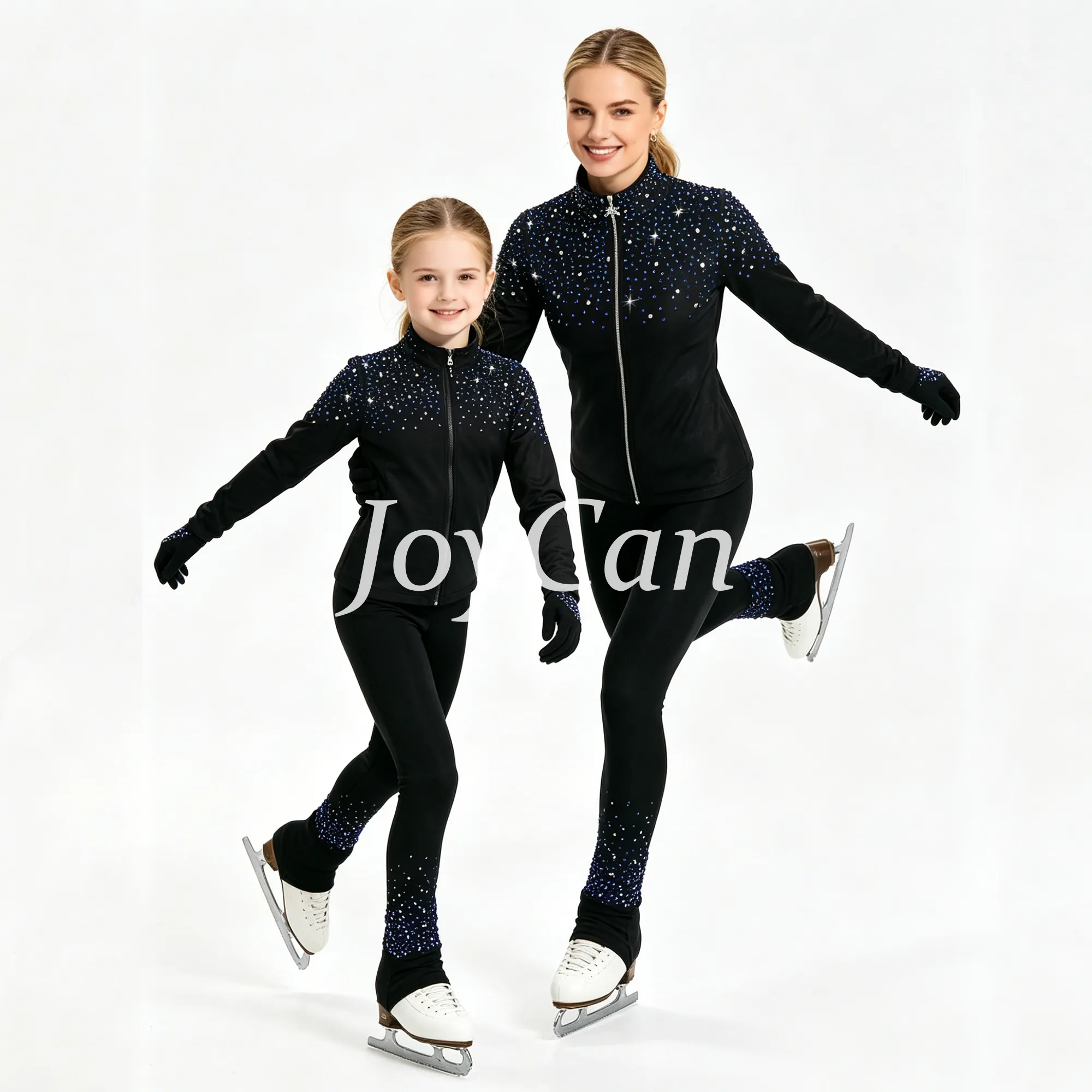 JoyCan Figure Skating Warm‑Up Set JB239 | Black Full‑Zip Stand‑Collar Blue‑Silver Gradient Rhinestone Jacket & Leggings Training Outfit for Girls and Women