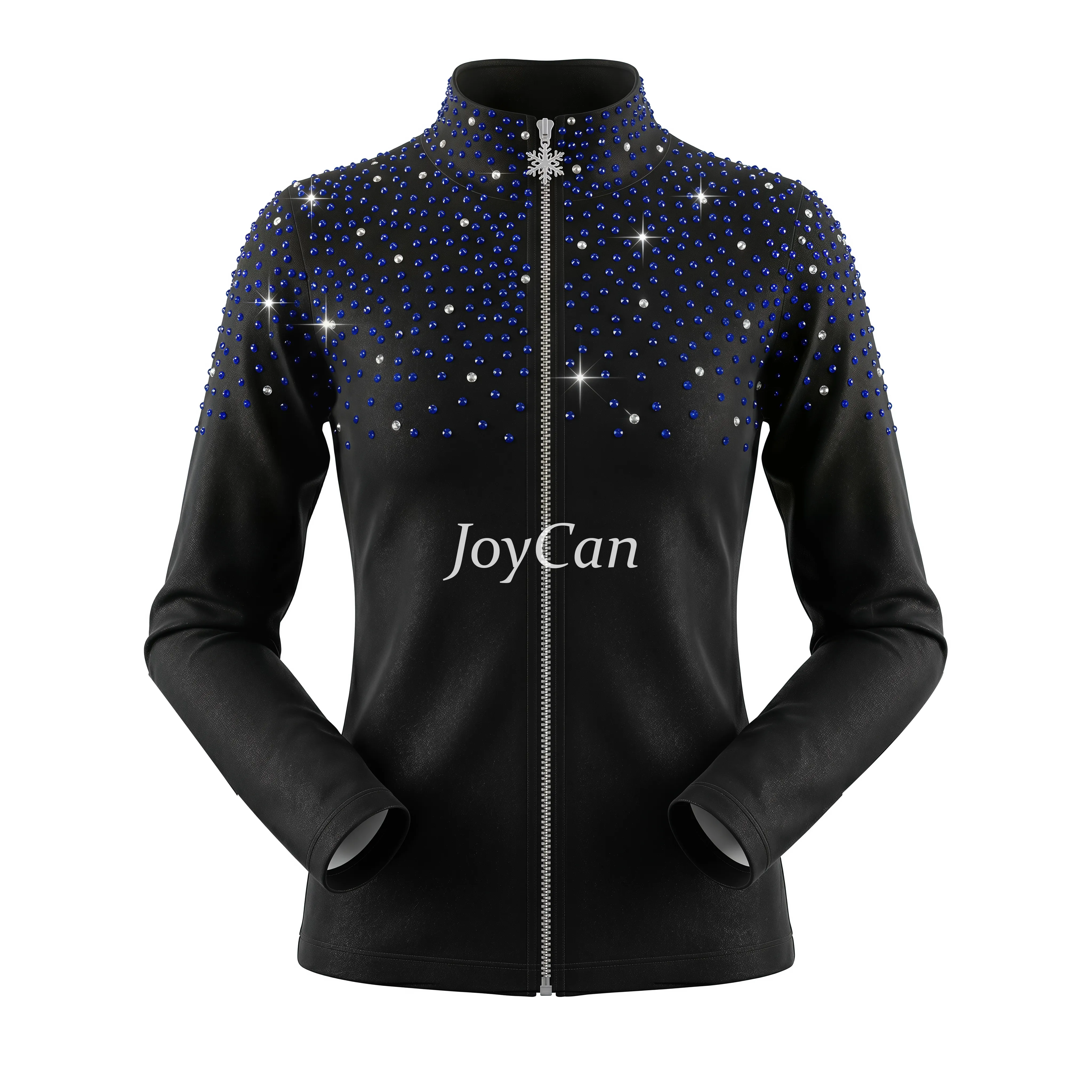 JoyCan Figure Skating Warm‑Up Set JB239 | Black Full‑Zip Stand‑Collar Blue‑Silver Gradient Rhinestone Jacket & Leggings Training Outfit for Girls and Women