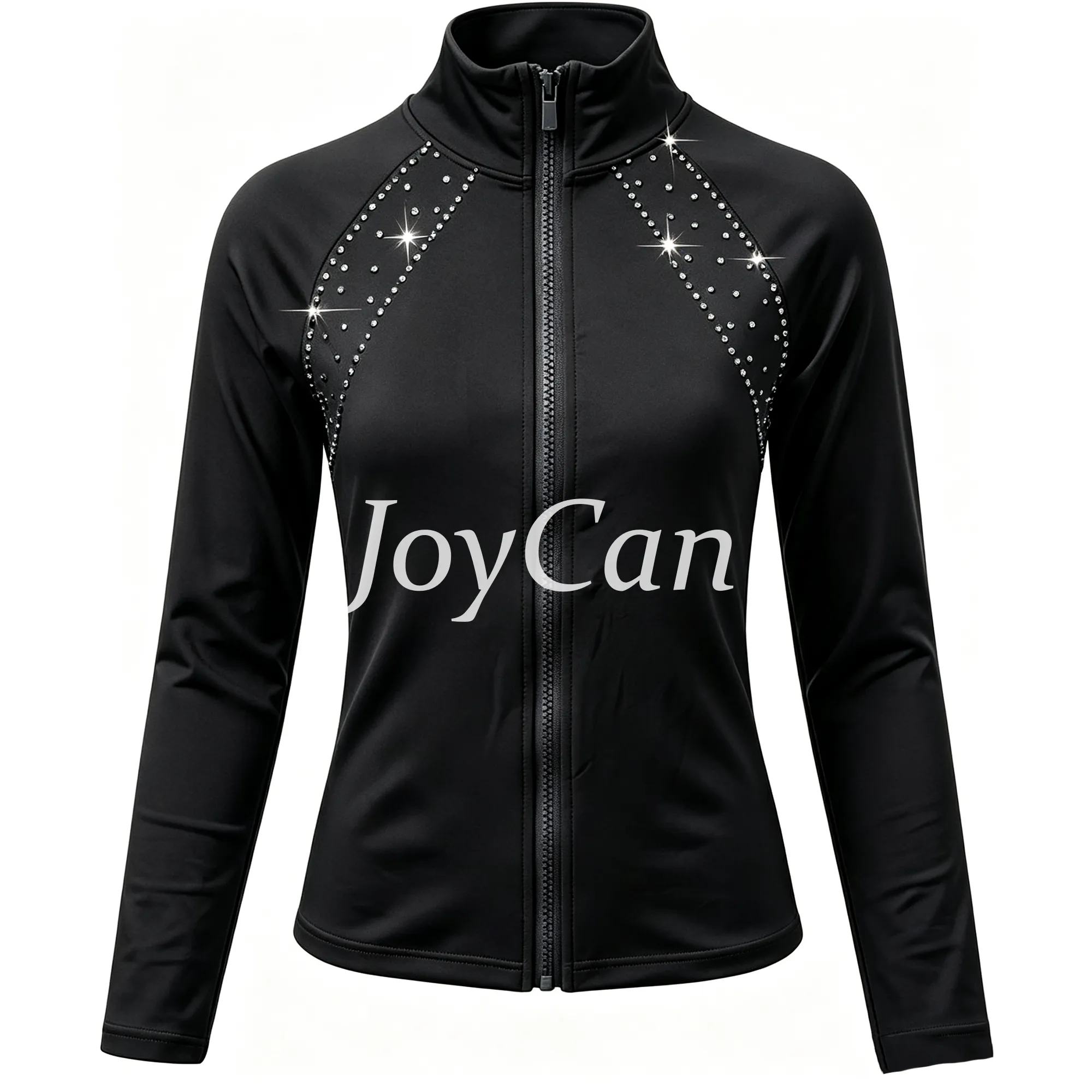 JoyCan Figure Skating Warm‑Up Jacket JB238 | Light Blue Full‑Zip Stand‑Collar Diamond‑Shaped Rhinestone Ice Skate Training Jacket for Girls and Women