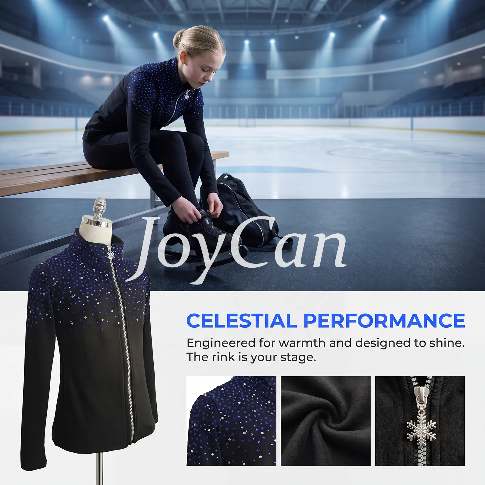 JoyCan Figure Skating Warm‑Up Set JB239 | Black Full‑Zip Stand‑Collar Blue‑Silver Gradient Rhinestone Jacket & Leggings Training Outfit for Girls and Women