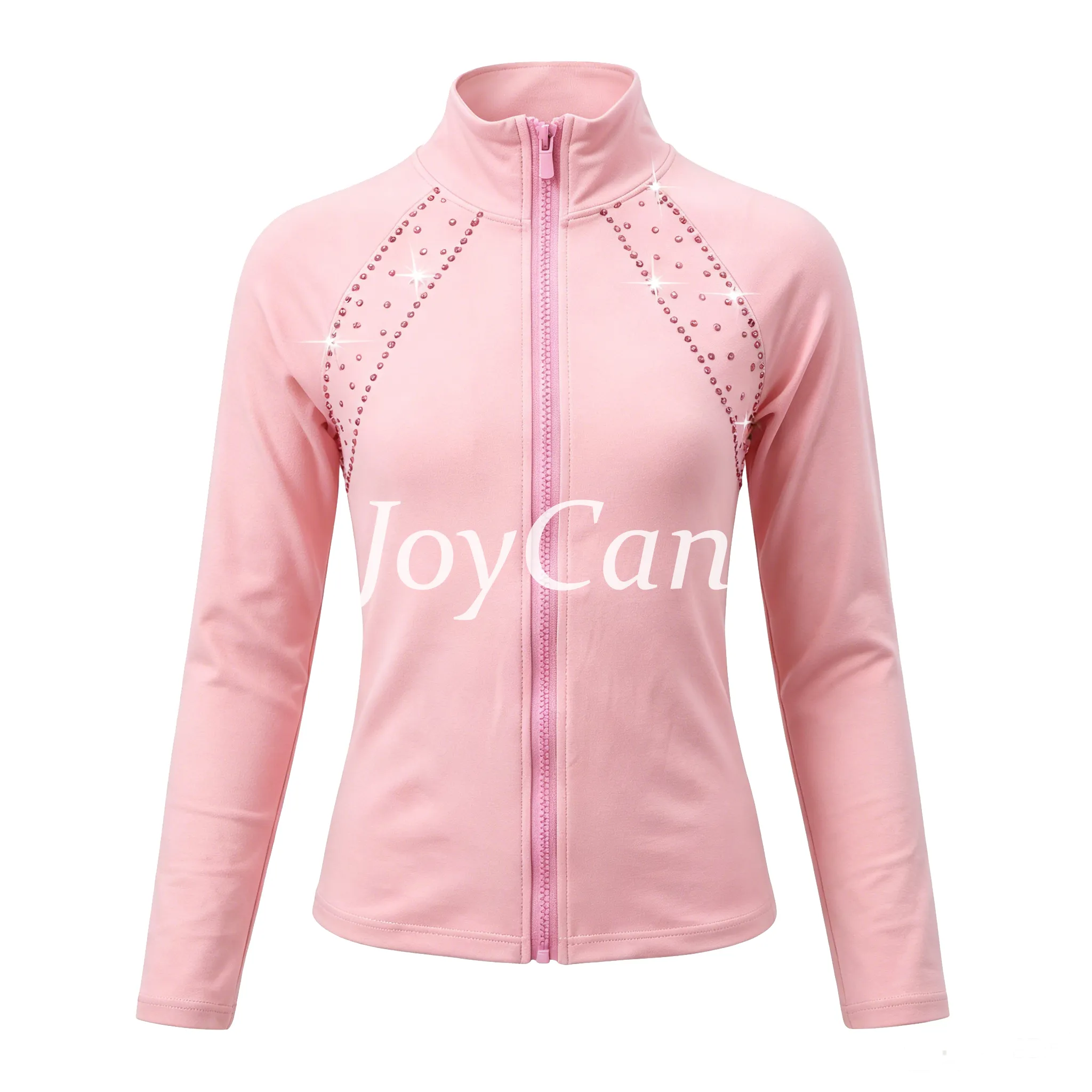 JoyCan Figure Skating Warm‑Up Jacket JB238 | Light Blue Full‑Zip Stand‑Collar Diamond‑Shaped Rhinestone Ice Skate Training Jacket for Girls and Women