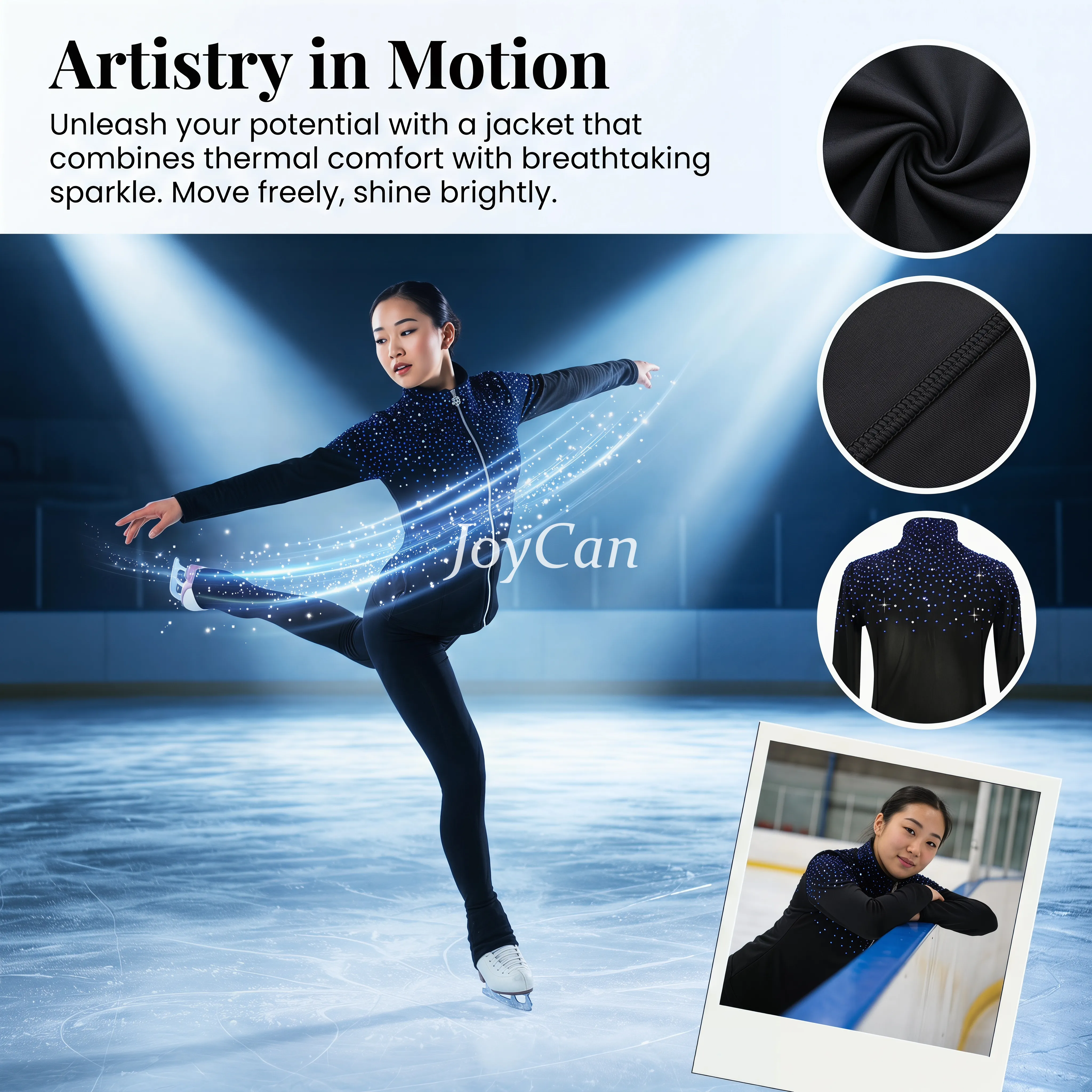 JoyCan Figure Skating Warm‑Up Set JB239 | Black Full‑Zip Stand‑Collar Blue‑Silver Gradient Rhinestone Jacket & Leggings Training Outfit for Girls and Women