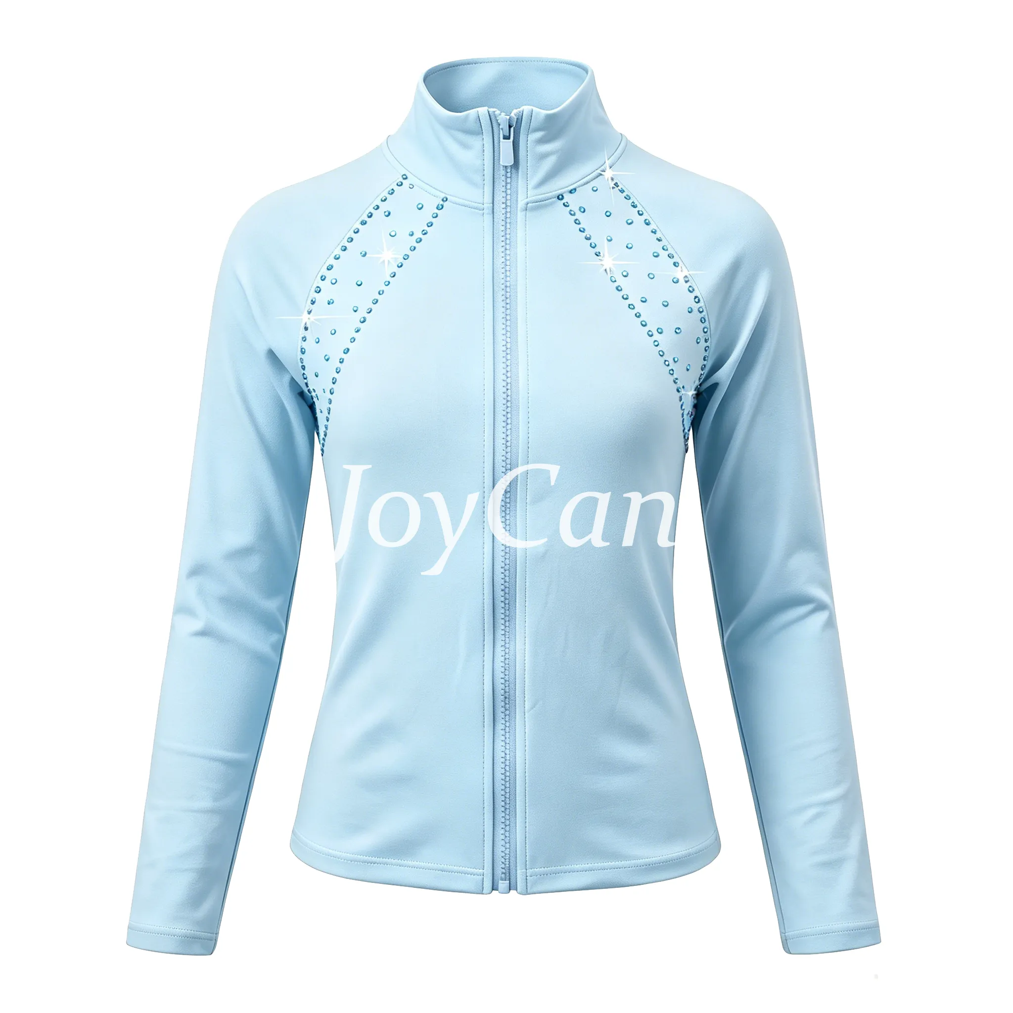 JoyCan Figure Skating Warm‑Up Jacket JB238 | Light Blue Full‑Zip Stand‑Collar Diamond‑Shaped Rhinestone Ice Skate Training Jacket for Girls and Women