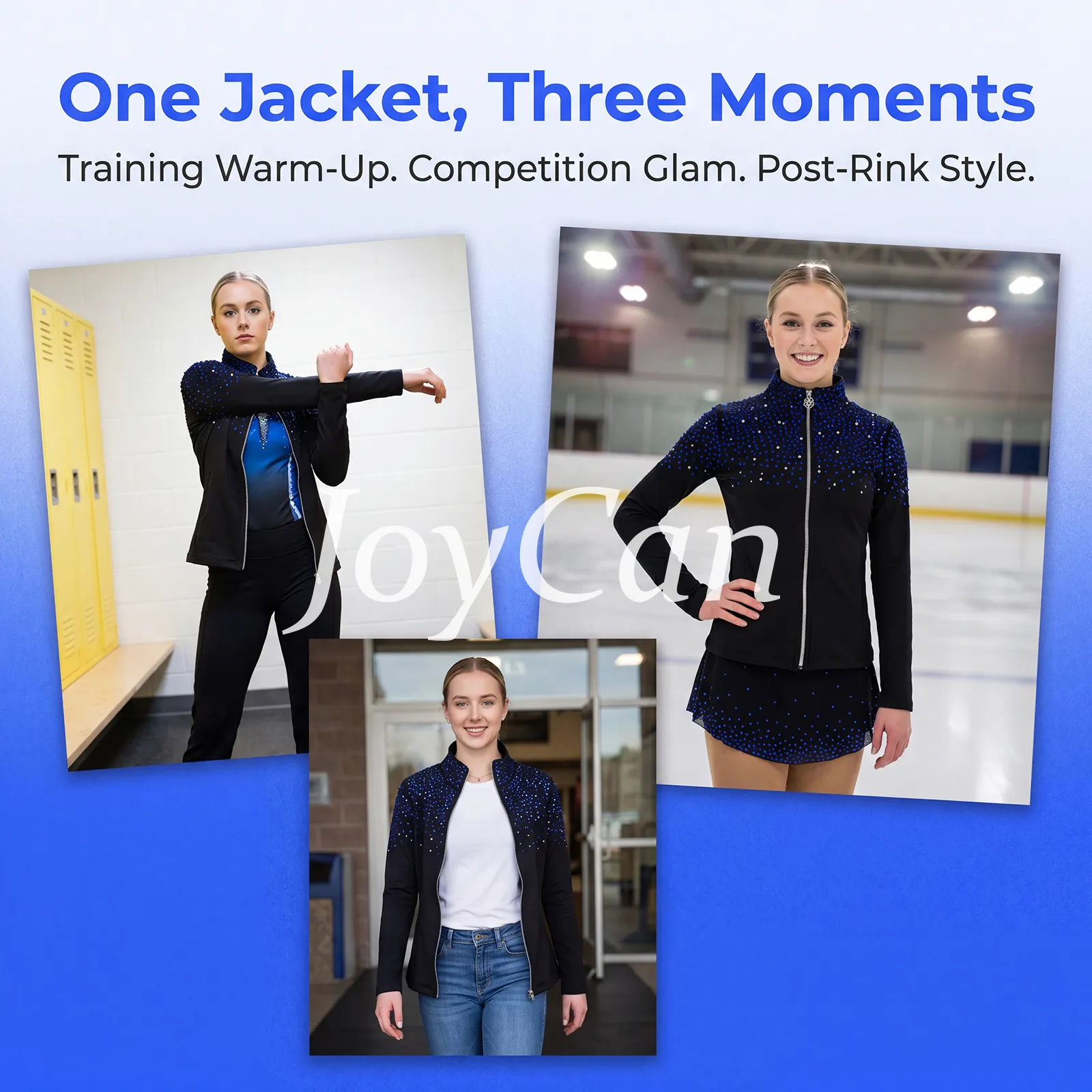 JoyCan Figure Skating Warm‑Up Set JB239 | Black Full‑Zip Stand‑Collar Blue‑Silver Gradient Rhinestone Jacket & Leggings Training Outfit for Girls and Women