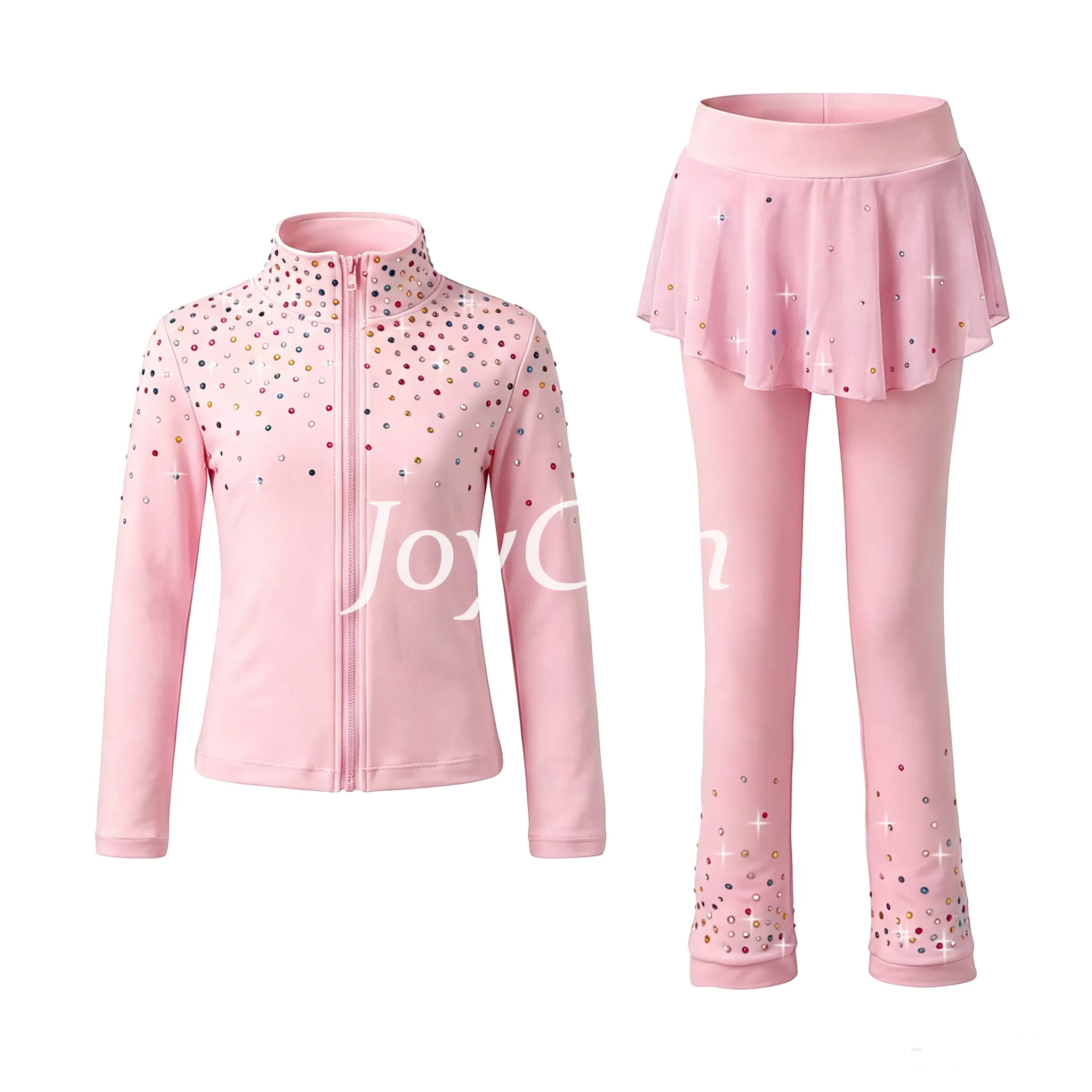JoyCan Figure Skating Warm‑Up Set JB229 | Hot Pink Full‑Zip Rhinestone Jacket & Skirt‑Over‑Leggings 2‑Piece Training Outfit for Girls and Women