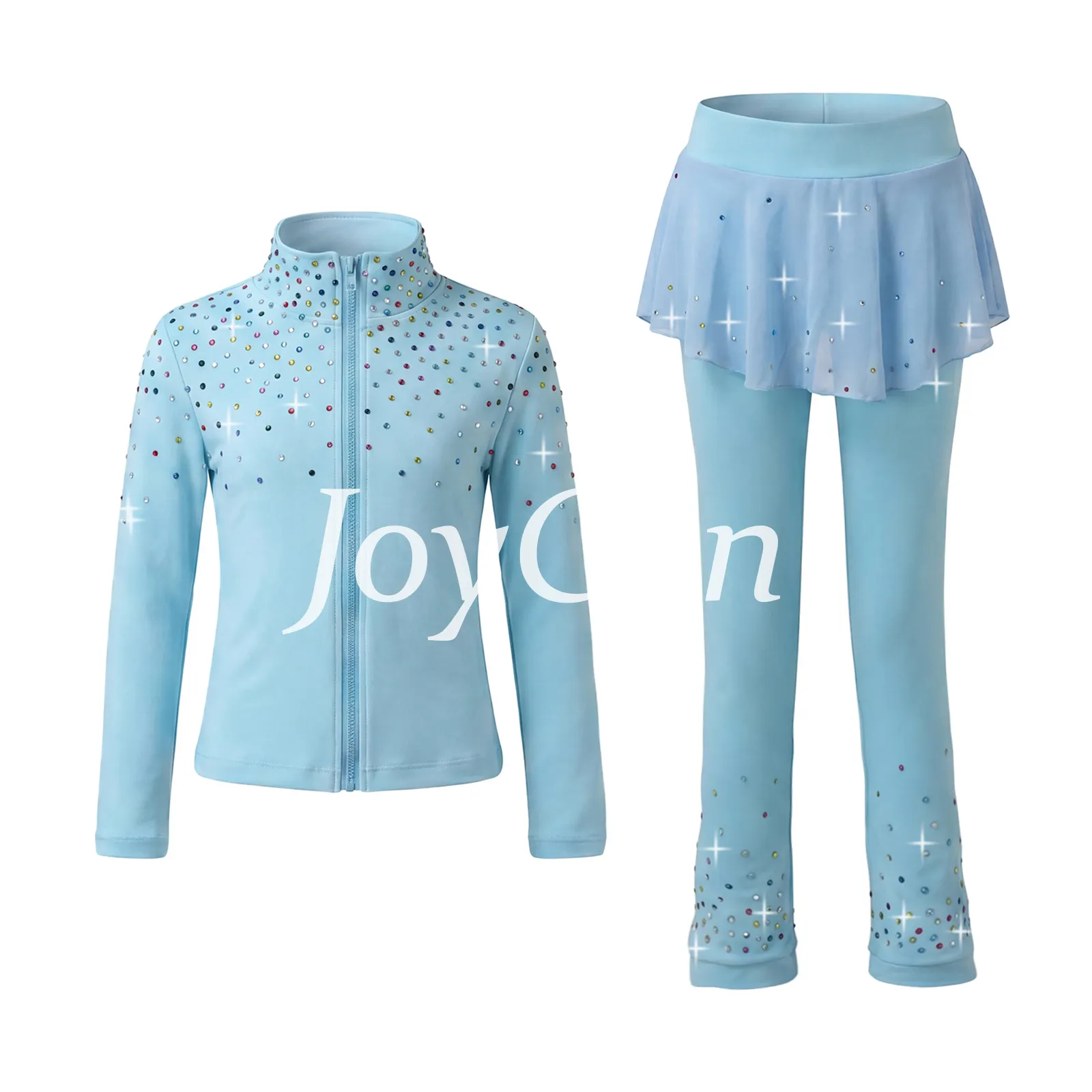 JoyCan Figure Skating Warm‑Up Set JB229 | Hot Pink Full‑Zip Rhinestone Jacket & Skirt‑Over‑Leggings 2‑Piece Training Outfit for Girls and Women