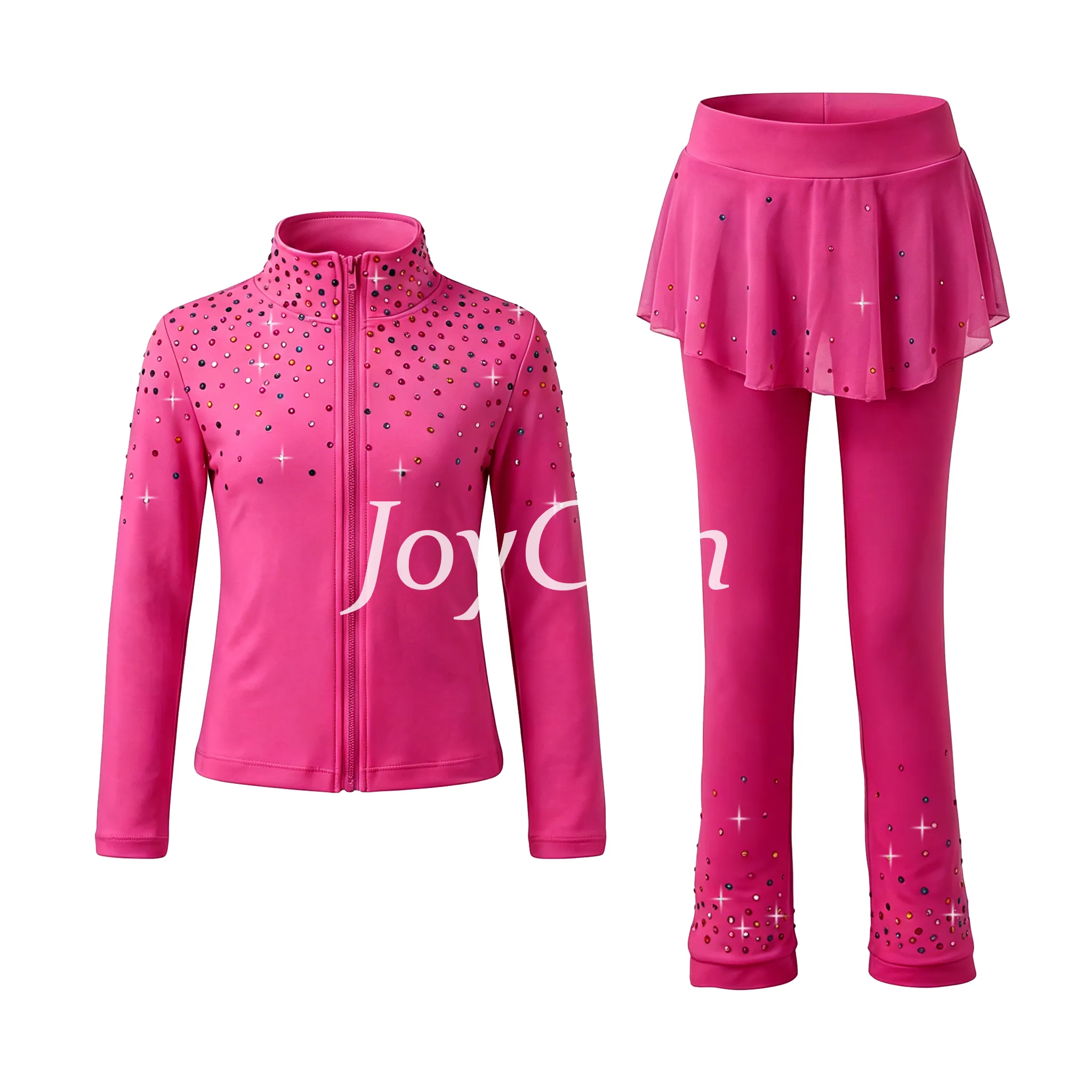 JoyCan Figure Skating Warm‑Up Set JB229 | Hot Pink Full‑Zip Rhinestone Jacket & Skirt‑Over‑Leggings 2‑Piece Training Outfit for Girls and Women