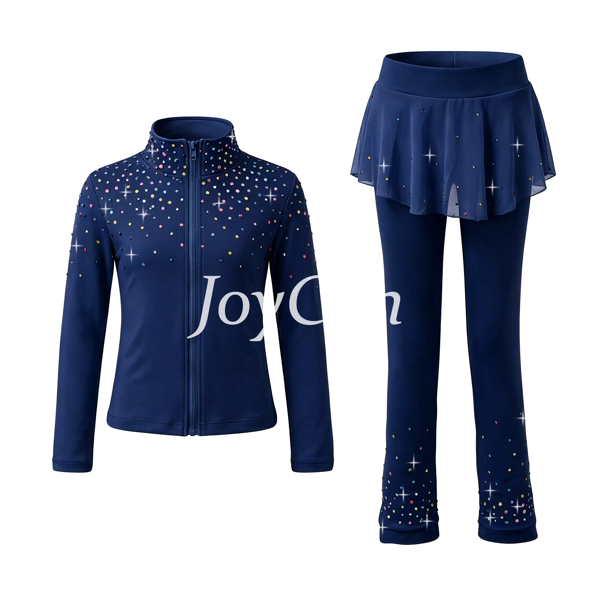 JoyCan Figure Skating Warm‑Up Set JB229 | Hot Pink Full‑Zip Rhinestone Jacket & Skirt‑Over‑Leggings 2‑Piece Training Outfit for Girls and Women