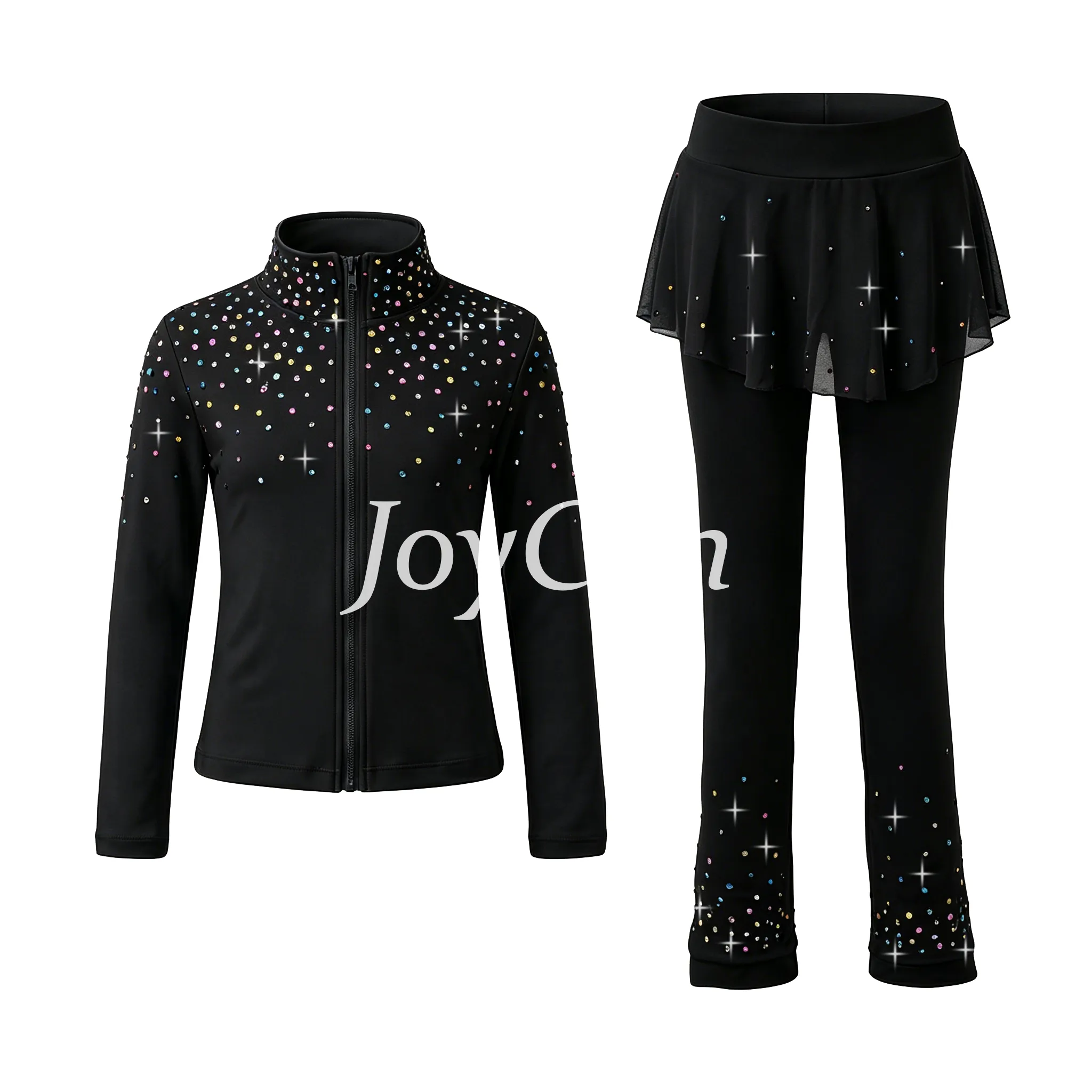 JoyCan Figure Skating Warm‑Up Set JB229 | Hot Pink Full‑Zip Rhinestone Jacket & Skirt‑Over‑Leggings 2‑Piece Training Outfit for Girls and Women