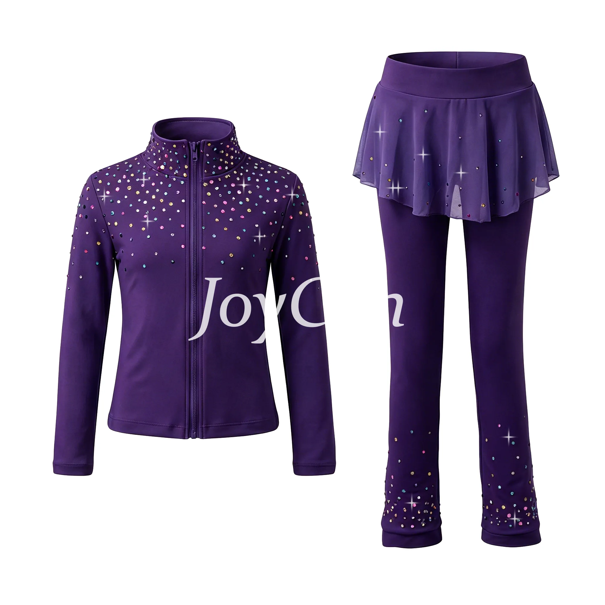 JoyCan Ice Skating Pants Jackets Set JB334 | Colorful Rhinestone Zip‑Up Jacket & Black‑Pink Contrast Rhinestone Leggings Training Outfit for Girls and Women