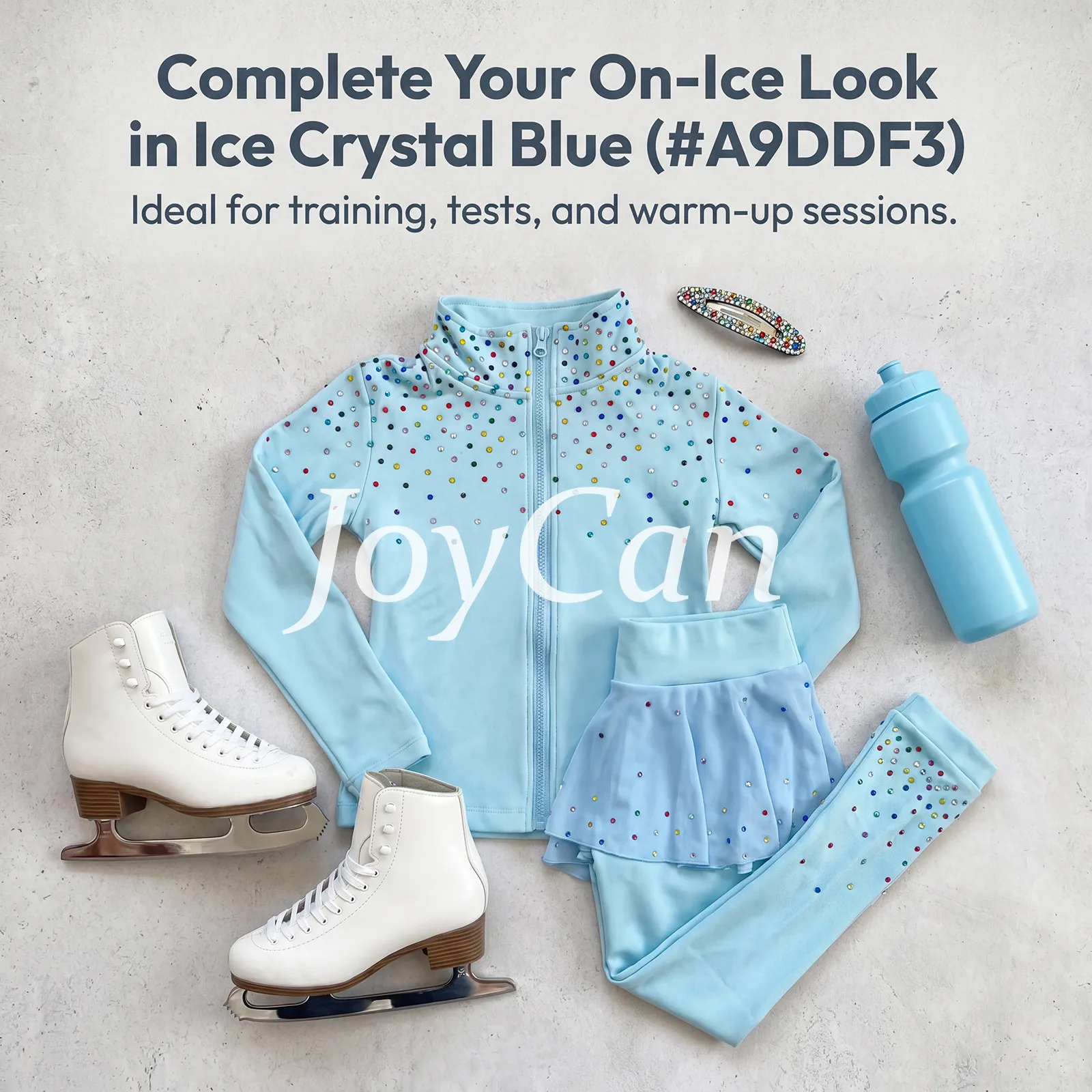 JoyCan Ice Skating Pants Jackets Set JB334 | Colorful Rhinestone Zip‑Up Jacket & Black‑Pink Contrast Rhinestone Leggings Training Outfit for Girls and Women