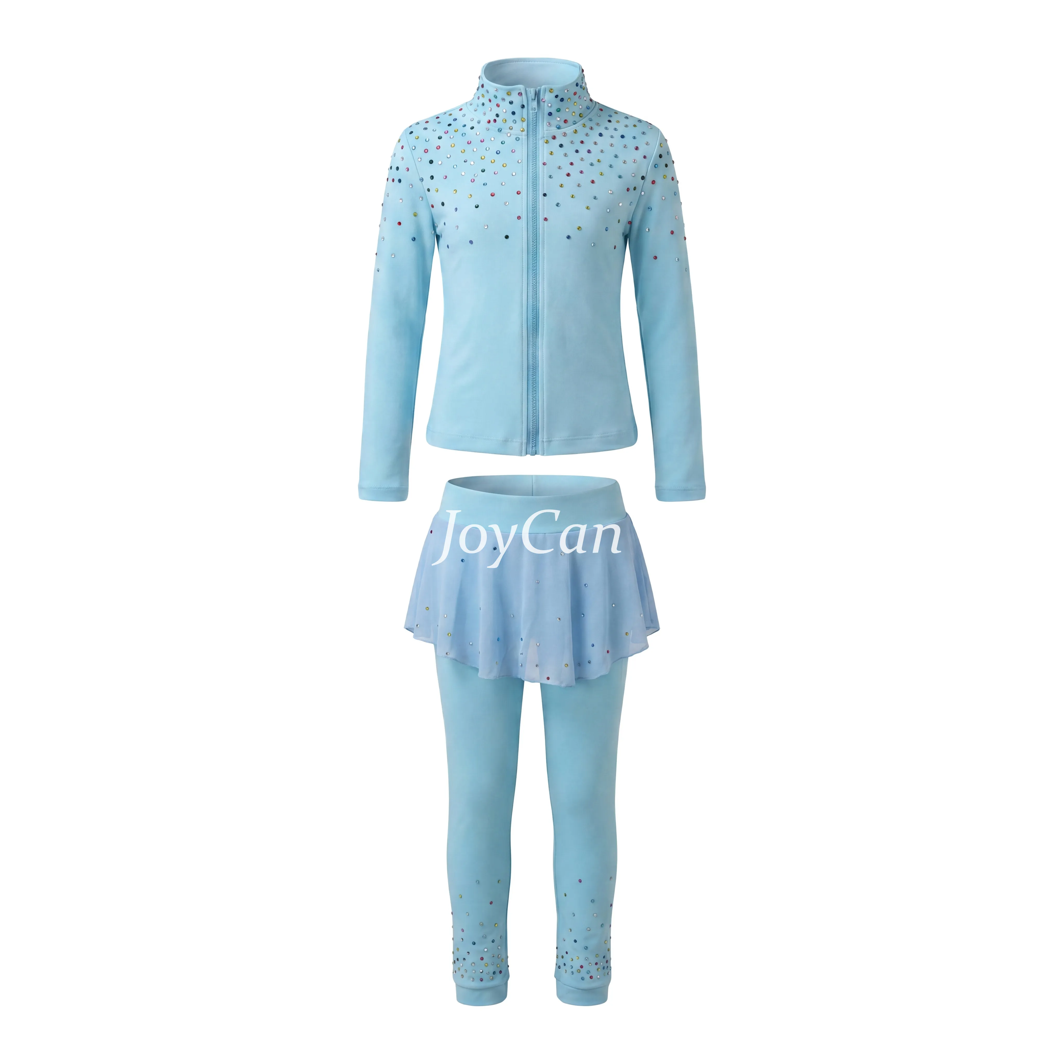 JoyCan Ice Skating Pants Jackets Set JB334 | Colorful Rhinestone Zip‑Up Jacket & Black‑Pink Contrast Rhinestone Leggings Training Outfit for Girls and Women