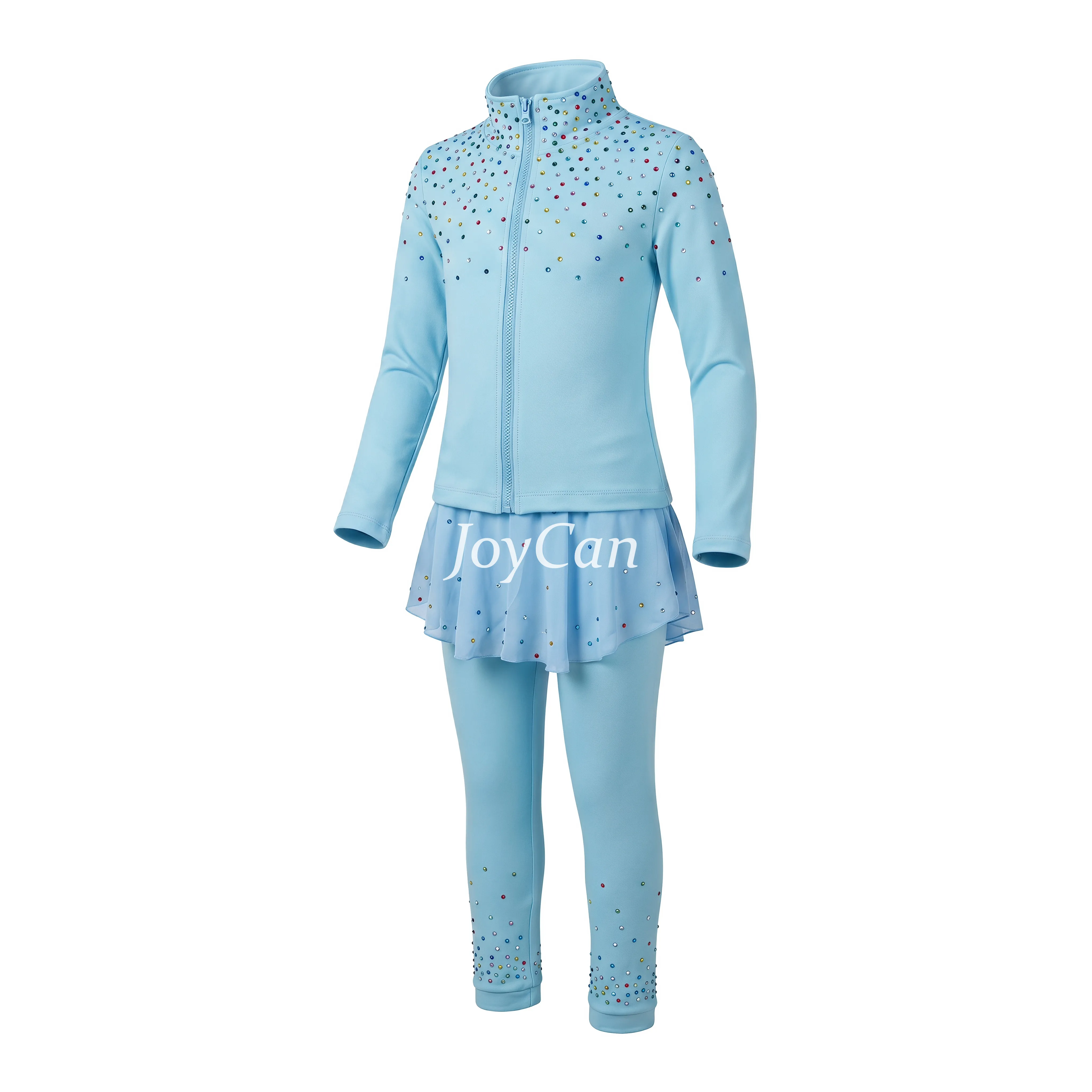 JoyCan Ice Skating Pants Jackets Set JB334 | Colorful Rhinestone Zip‑Up Jacket & Black‑Pink Contrast Rhinestone Leggings Training Outfit for Girls and Women