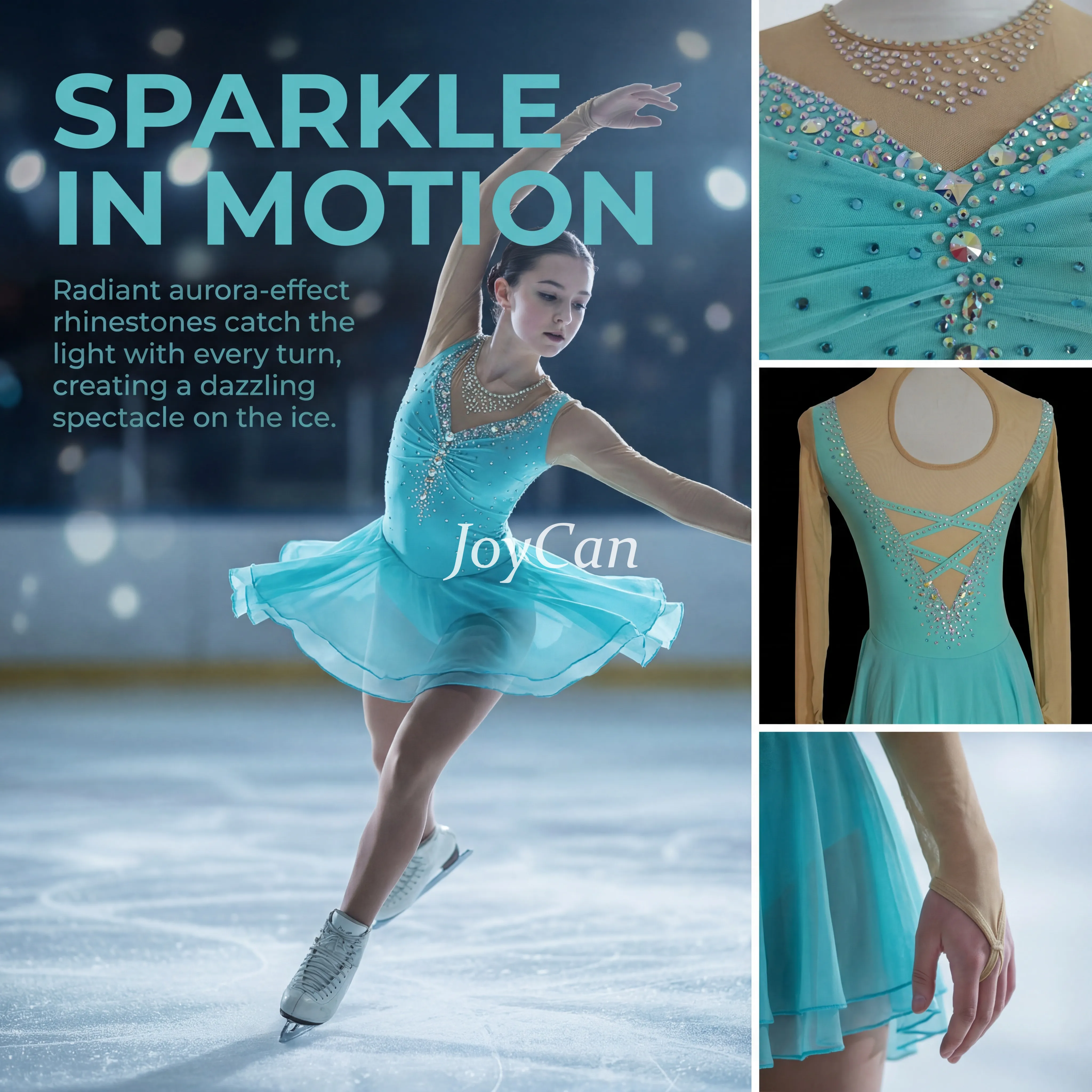 JoyCan Figure Skating Dress BD9061 | Turquoise Ruched‑Front Rhinestone Competition Ice Skating Costume for Girls and Women