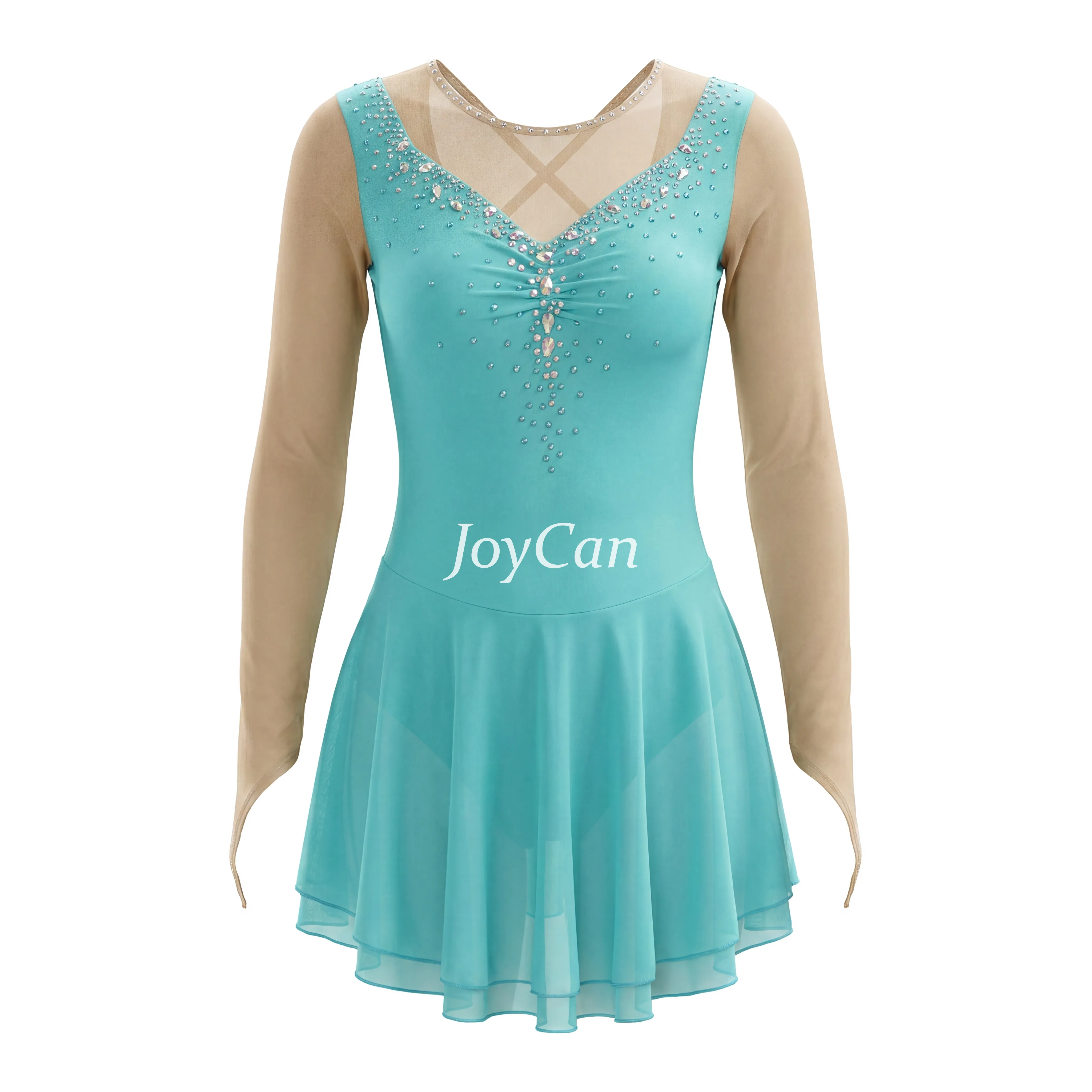 JoyCan Figure Skating Dress BD9061 | Turquoise Ruched‑Front Rhinestone Competition Ice Skating Costume for Girls and Women
